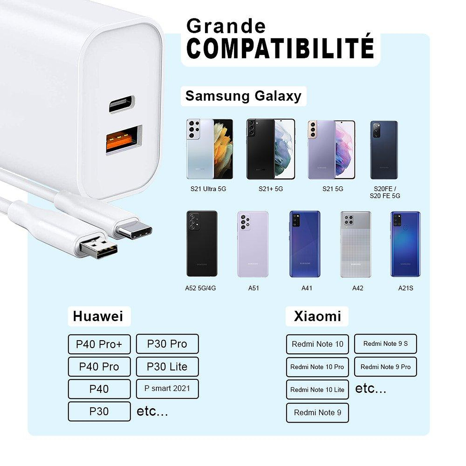 Evetane Chargeur Samsung Galaxy A21S ultra rapide Double Port 20 W
