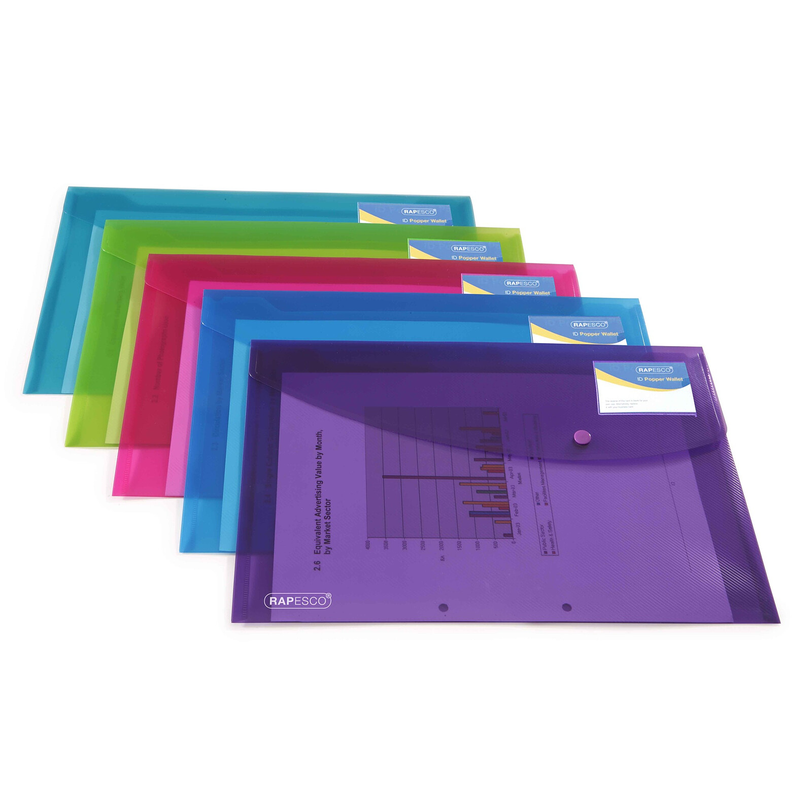 Rapesco Pochette Porte-documents avec Bouton Pression Transparentes A5 Lot de 5 & Lot de 5 Porte-documents DL Vives Transparentes Couleurs Assorties 