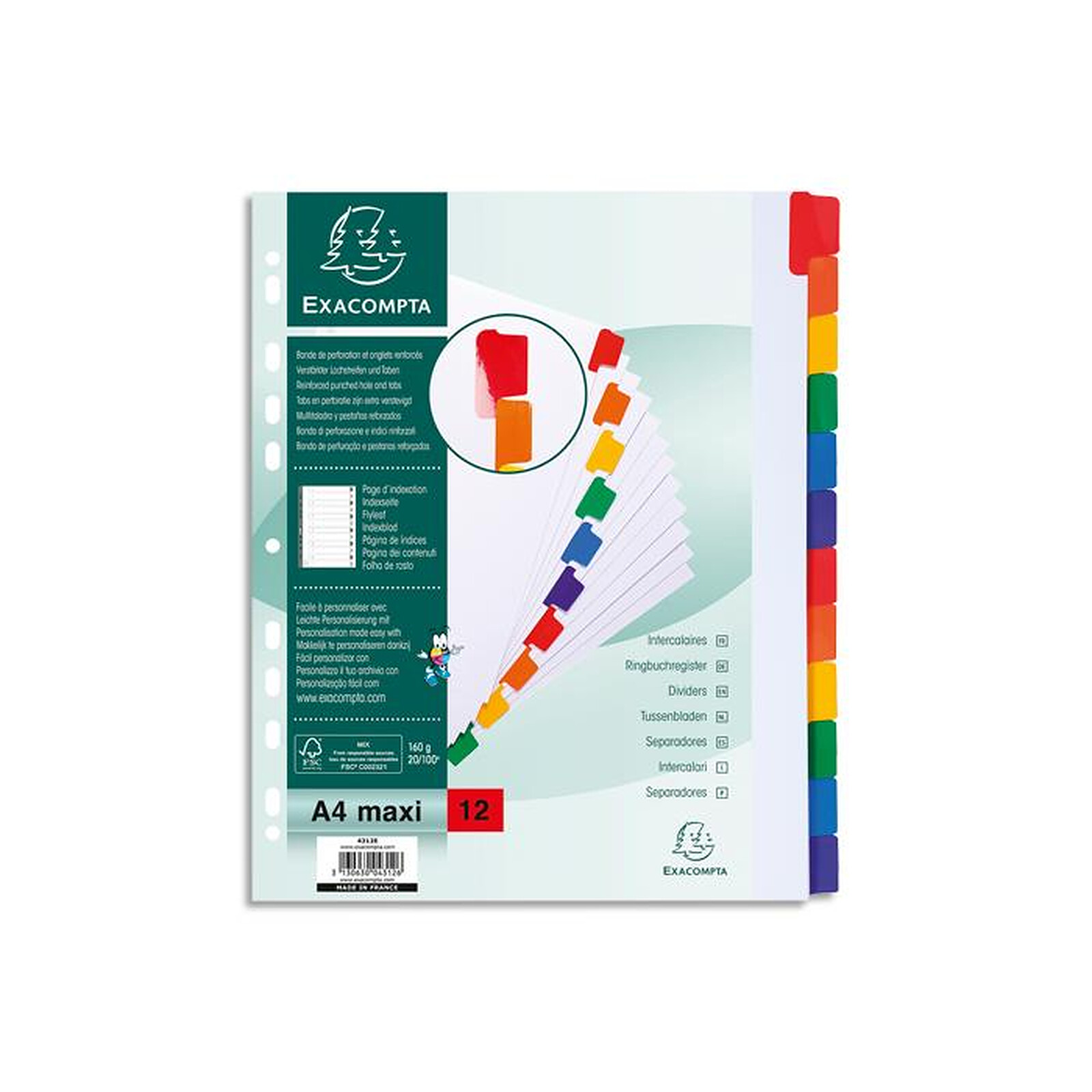 Intercalaire numérique A4 Elba carton 12 onglets multicolores - 1 jeu