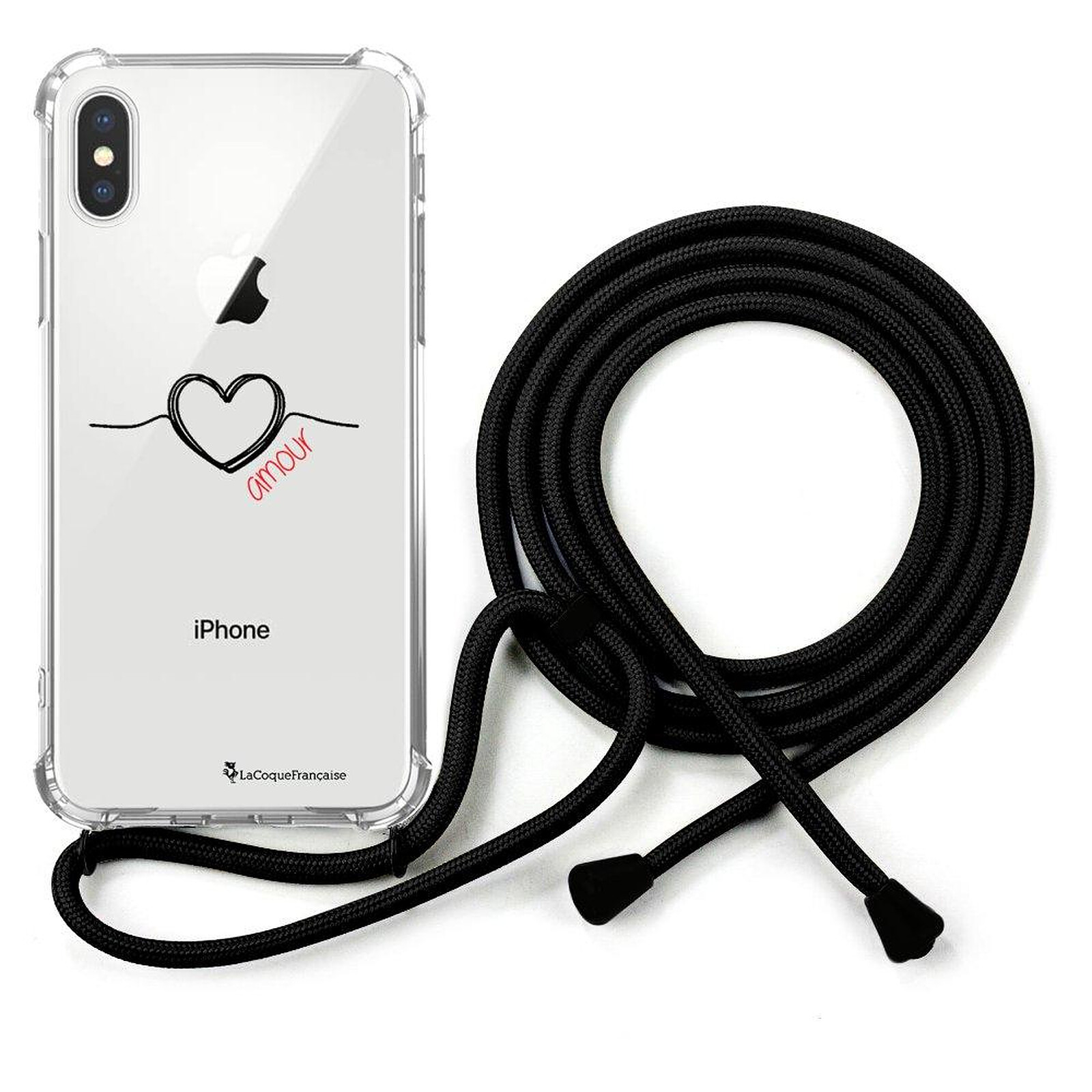 Coque Cordon pour iPhone 15 Pro Max Motif Cœur Antichoc Anti-Rayure  Silicone Souple Noir