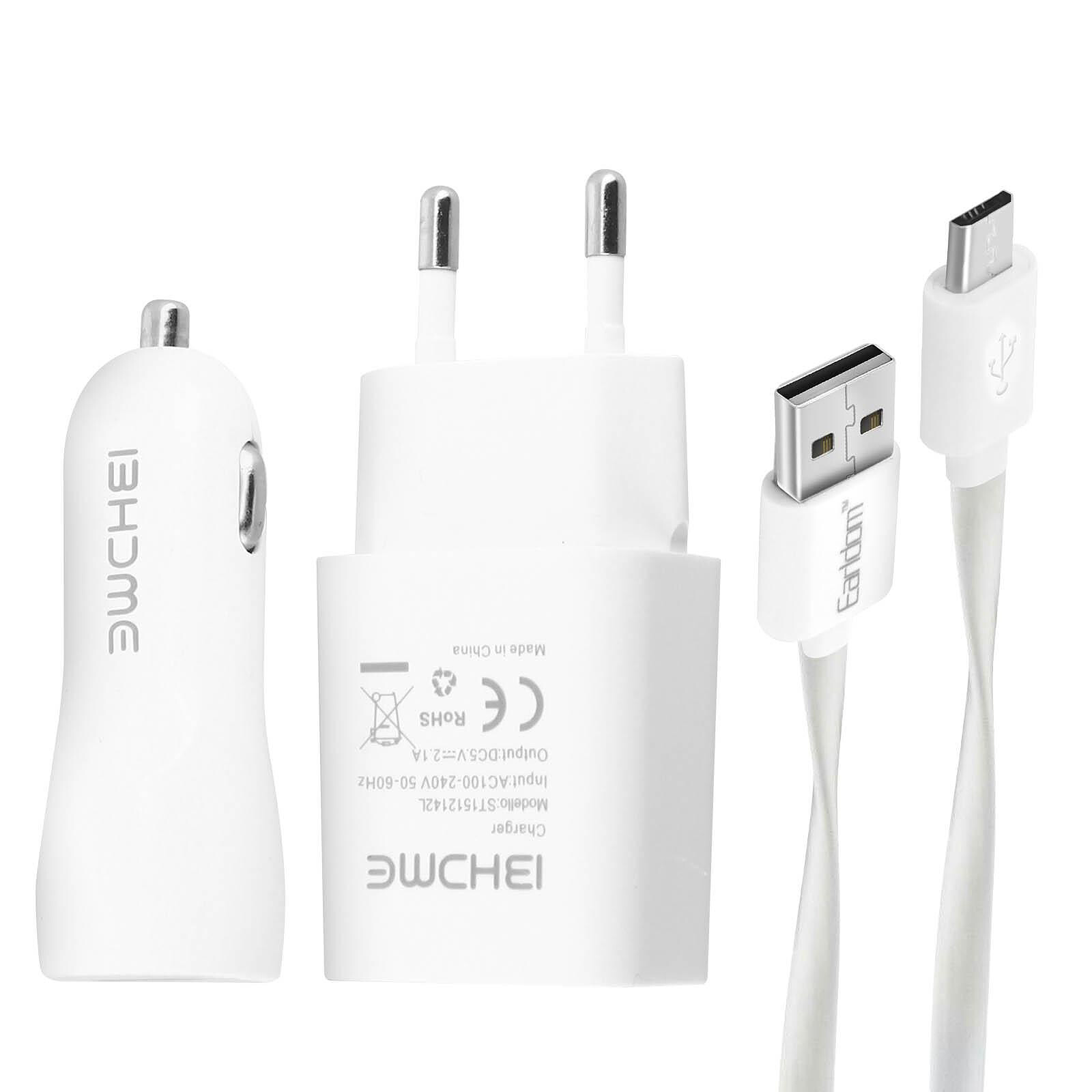 Avizar Pack 3 en 1 Chargeur secteur 2.1A Chargeur Voiture 2.1A et Câble  Micro-USB Blanc - Chargeur allume-cigare - LDLC