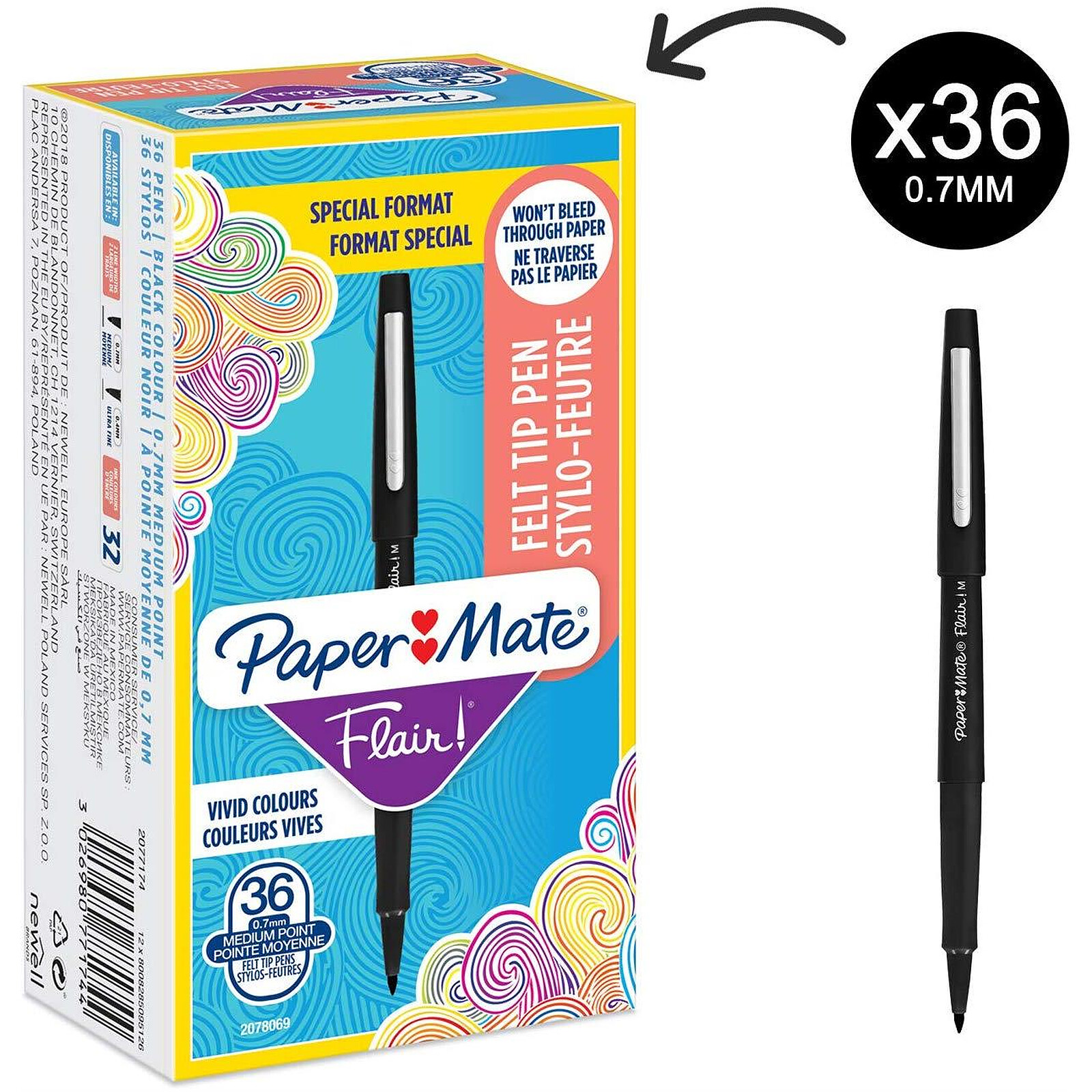 Paper Mate Flair Original - 5 Feutres - Noir - pointe moyenne 0.7 mm, Sous  blister