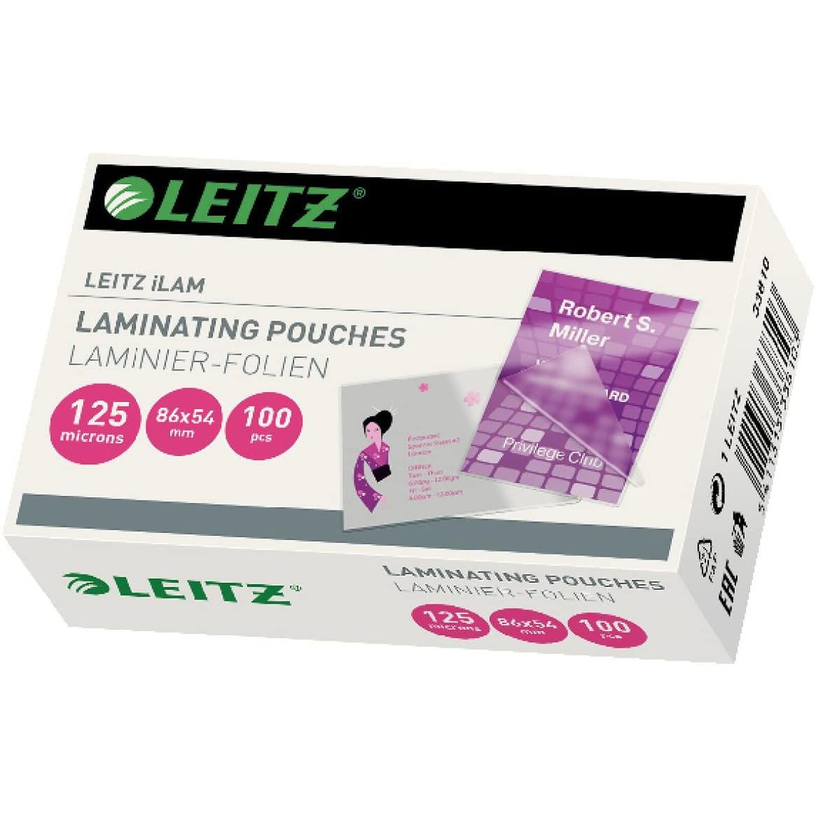 LEITZ Lot de 100 pochettes plastification 54 x 86 mm carte de crédit 250  Mic (2x125) - Pochettes et plastifieuse - LDLC