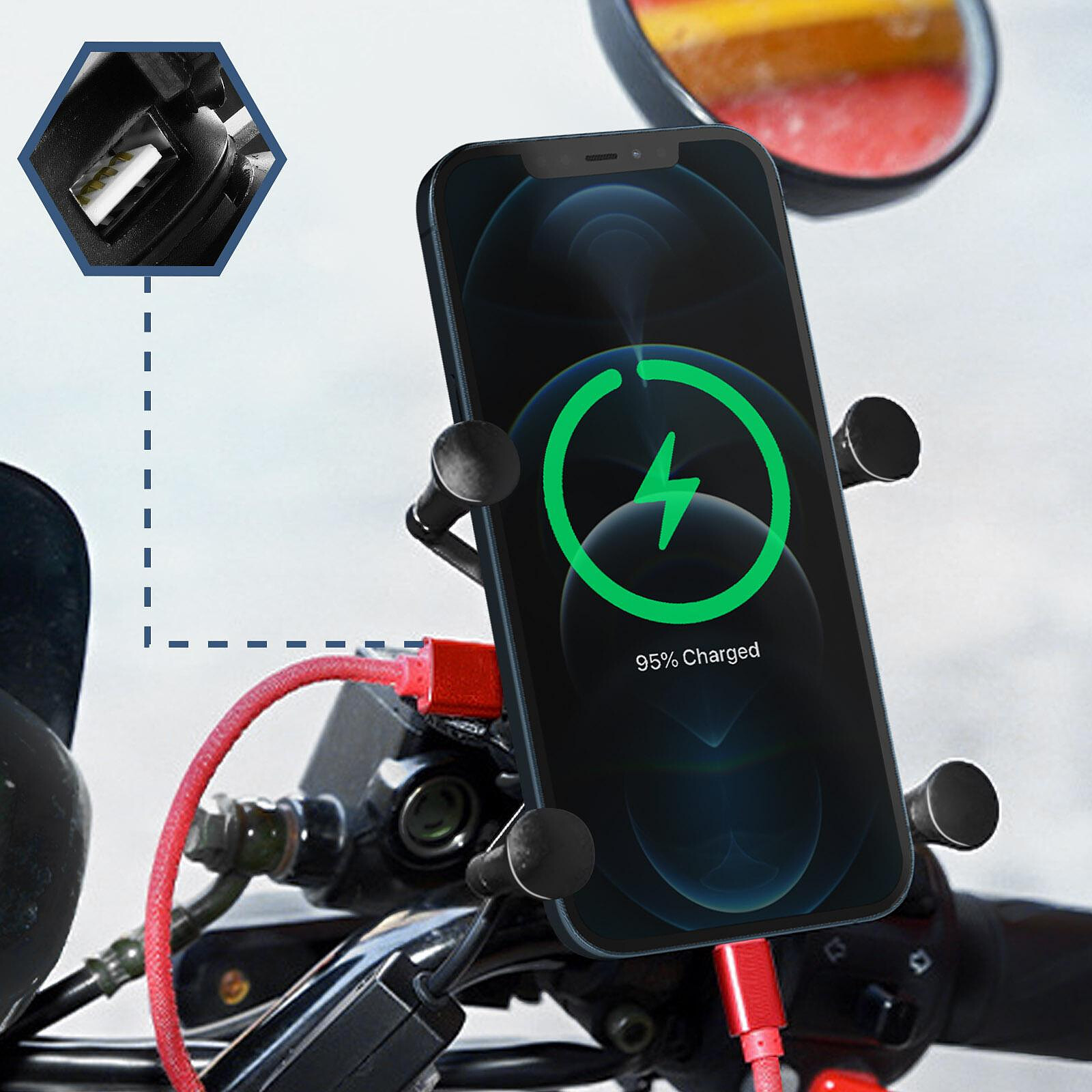 Avizar Support Moto avec Chargeur Sans Fil QI 10W + USB QC 3.0 Rétroviseur  Guidon Noir - Accessoires divers smartphone - LDLC
