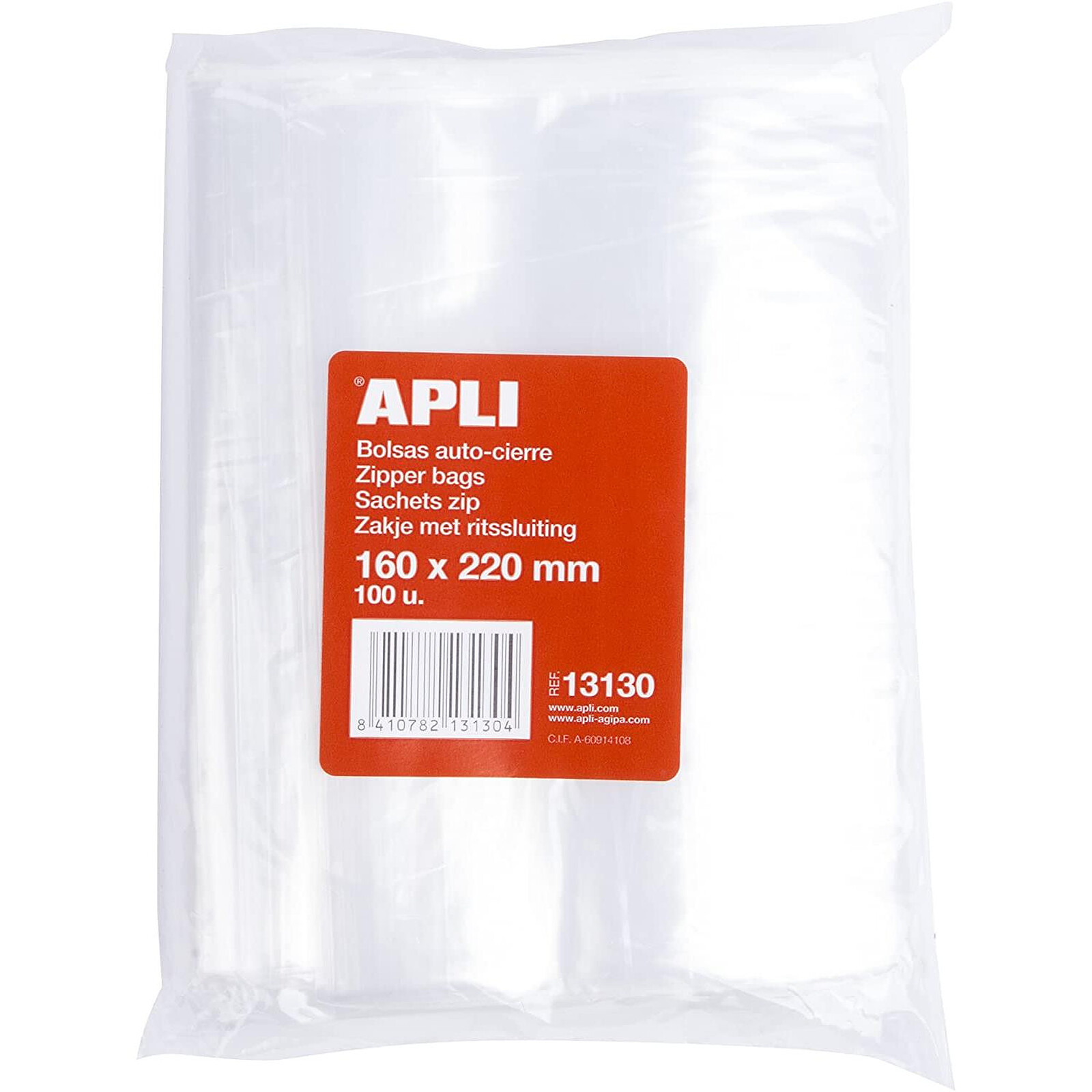 APLI Pack 100 sachets plastique refermable 160 x 220 mm - Pochette