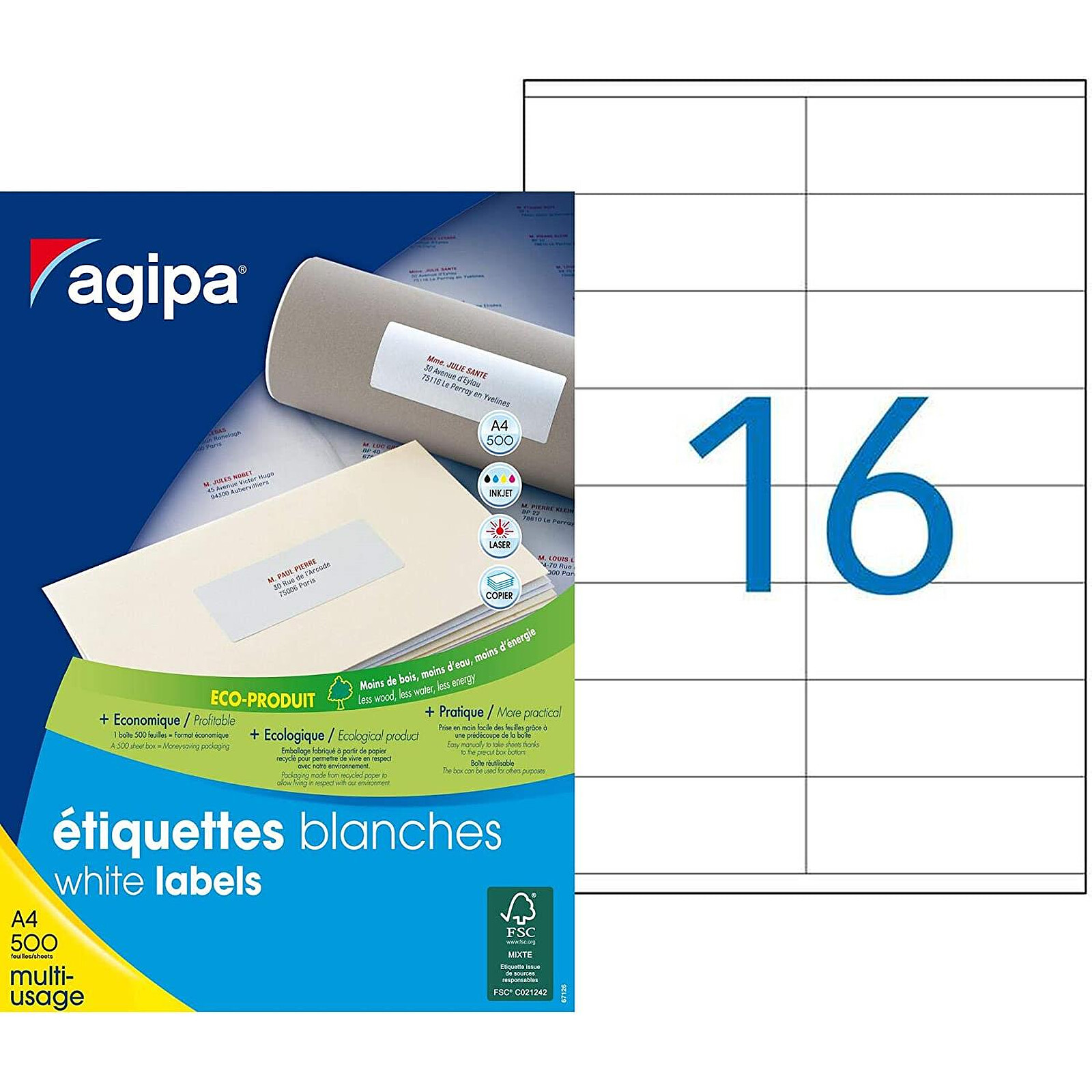 AGIPA Boite de 500 Feuilles A4, 8000 étiquettes Multi-usages Permanent  105x35 mm Blanc - Etiquette - LDLC