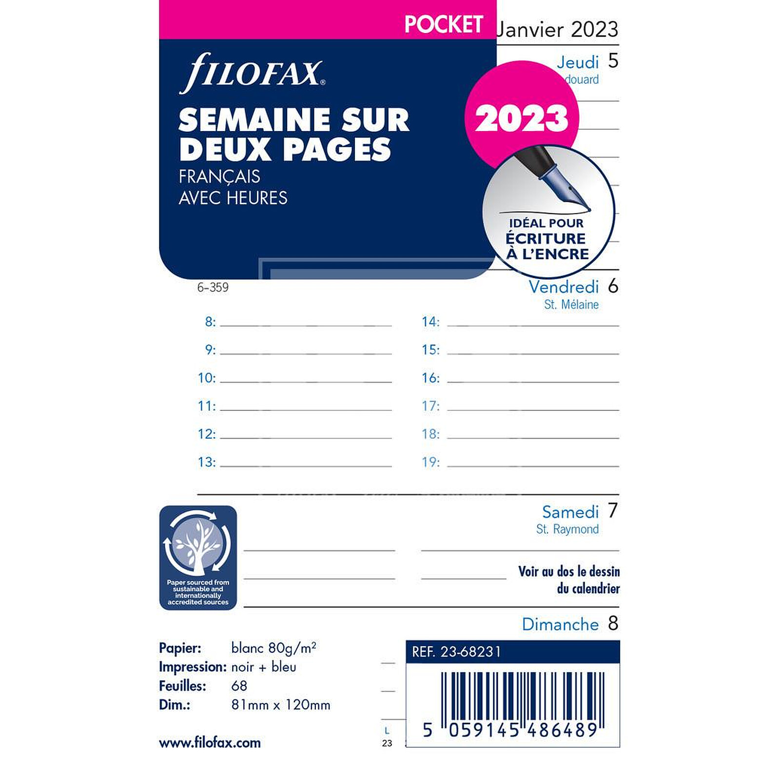 FILOFAX Recharge format pocket Semaine sur deux pages avec Heures -  français - 2023 - Agenda - LDLC