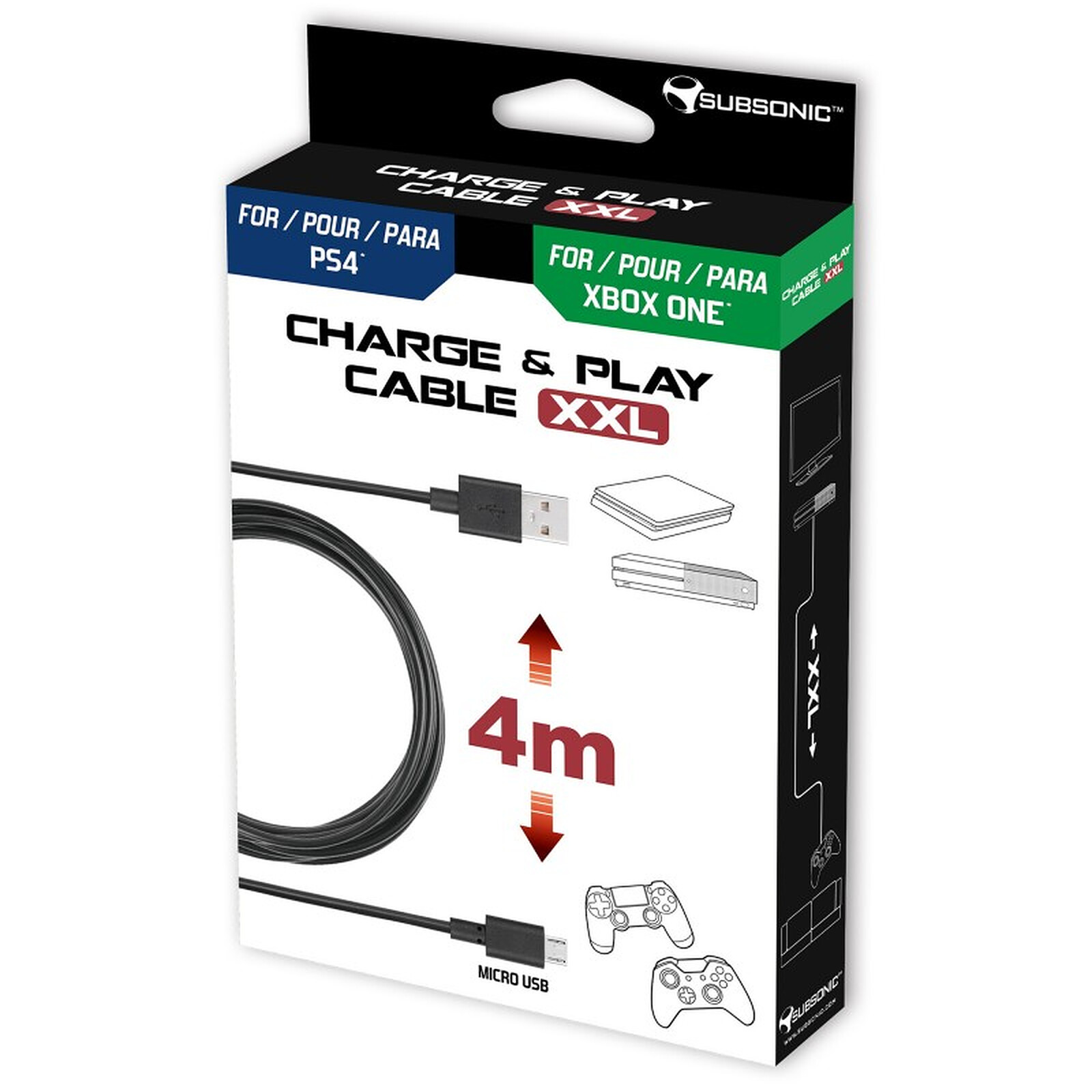 Subsonic Cable de recharge XXL pour manette PS4 et Xbox One - Accessoires  PS4 - LDLC