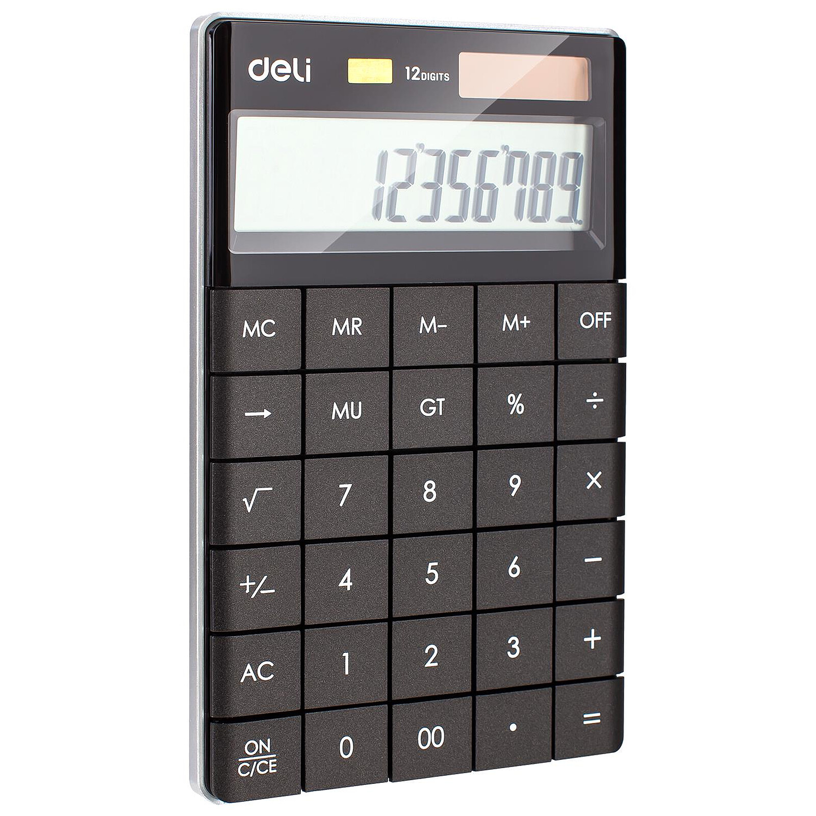 DELI Calculatrice moderne 12 chiffres solaire et pile noir