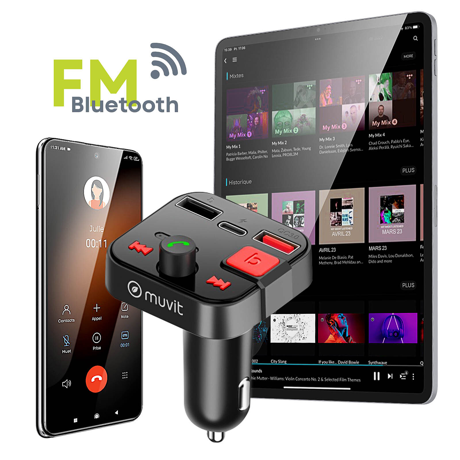 Avizar Transmetteur FM Bluetooth avec Chargeur Voiture USB QC 3.0