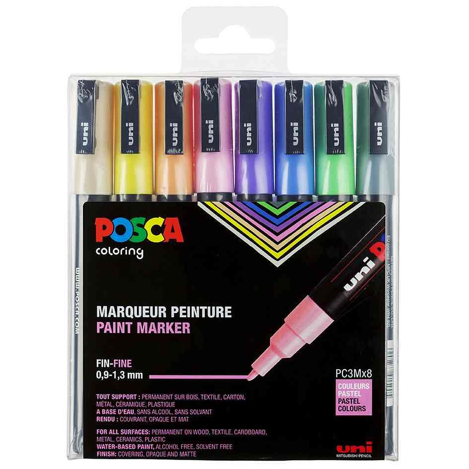 POSCA Lot de 8 marqueurs PC3M pointe conique fine couleurs pastel