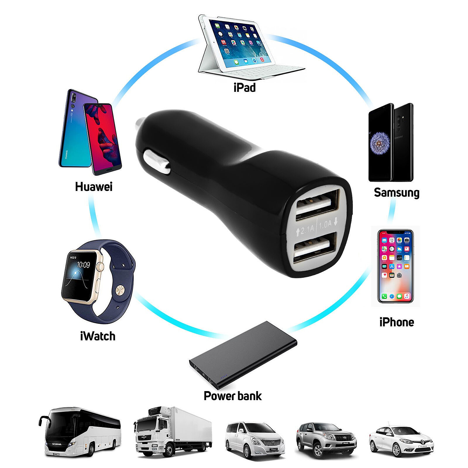 Chargeur de voiture avec câble et prise Iphone + 2 USB - Q2 Power - Chargeur  allume-cigare - LDLC