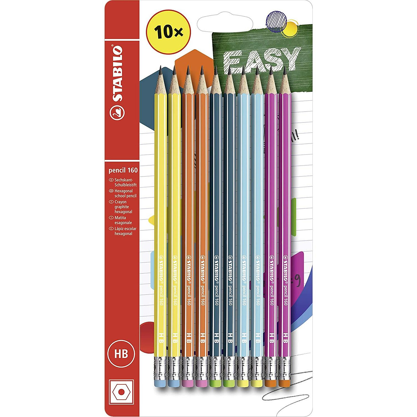 STABILO Pack 10 crayons graphite pencil 160 bout gomme HB - 5 coloris  assortis - Crayon & porte-mine - LDLC