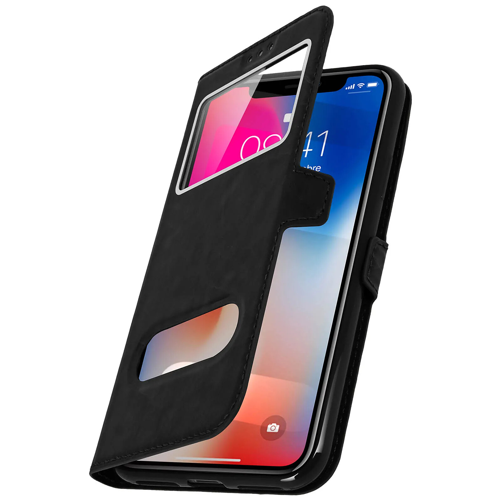 Housse pour iPhone X / XS Étui Double Fenêtre Coque Silicone Noir