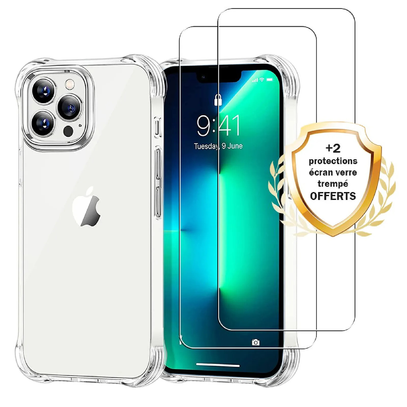 Evetane Coque iPhone 13 Pro Antichoc Silicone + 2 Vitres en verre trempé Protection écran