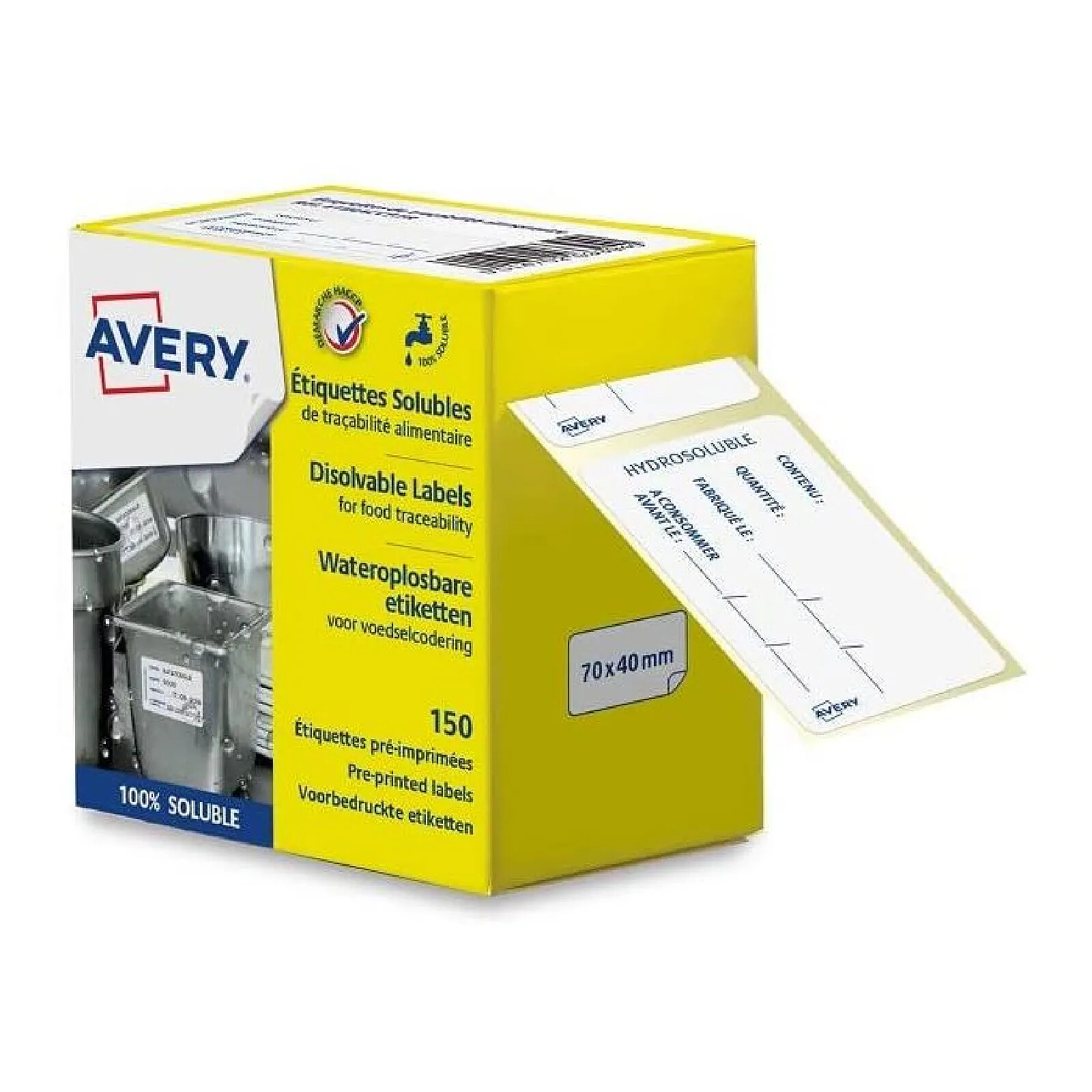 AVERY 150 Etiquettes Hydrosolubles Traçabilité Alimentaire Pré-imprimées 70x40mm