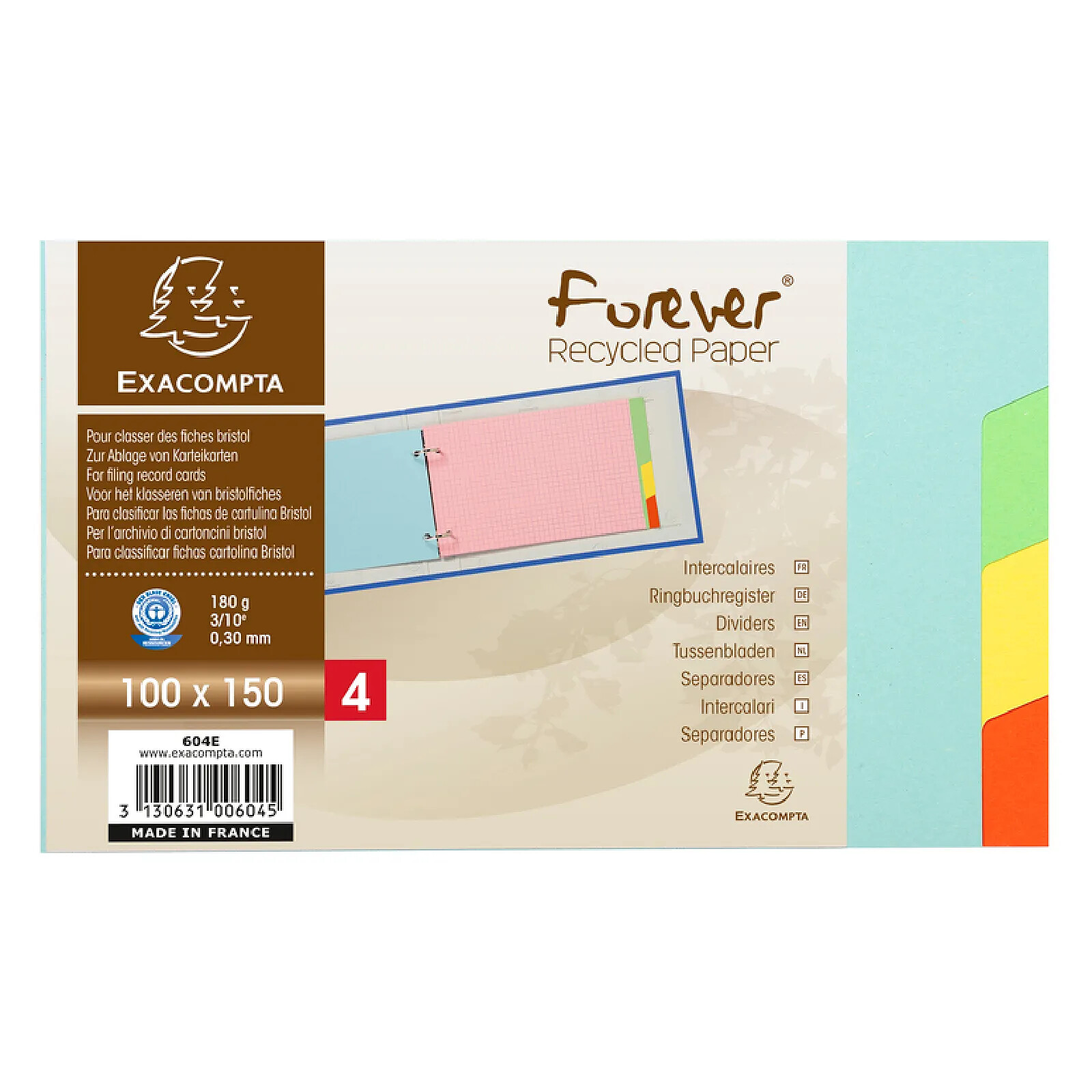 EXACOMPTA Intercalaires pour fiches bristol carte lustrée 225g 4 positions - 100x150mm - Couleurs assorties x 10