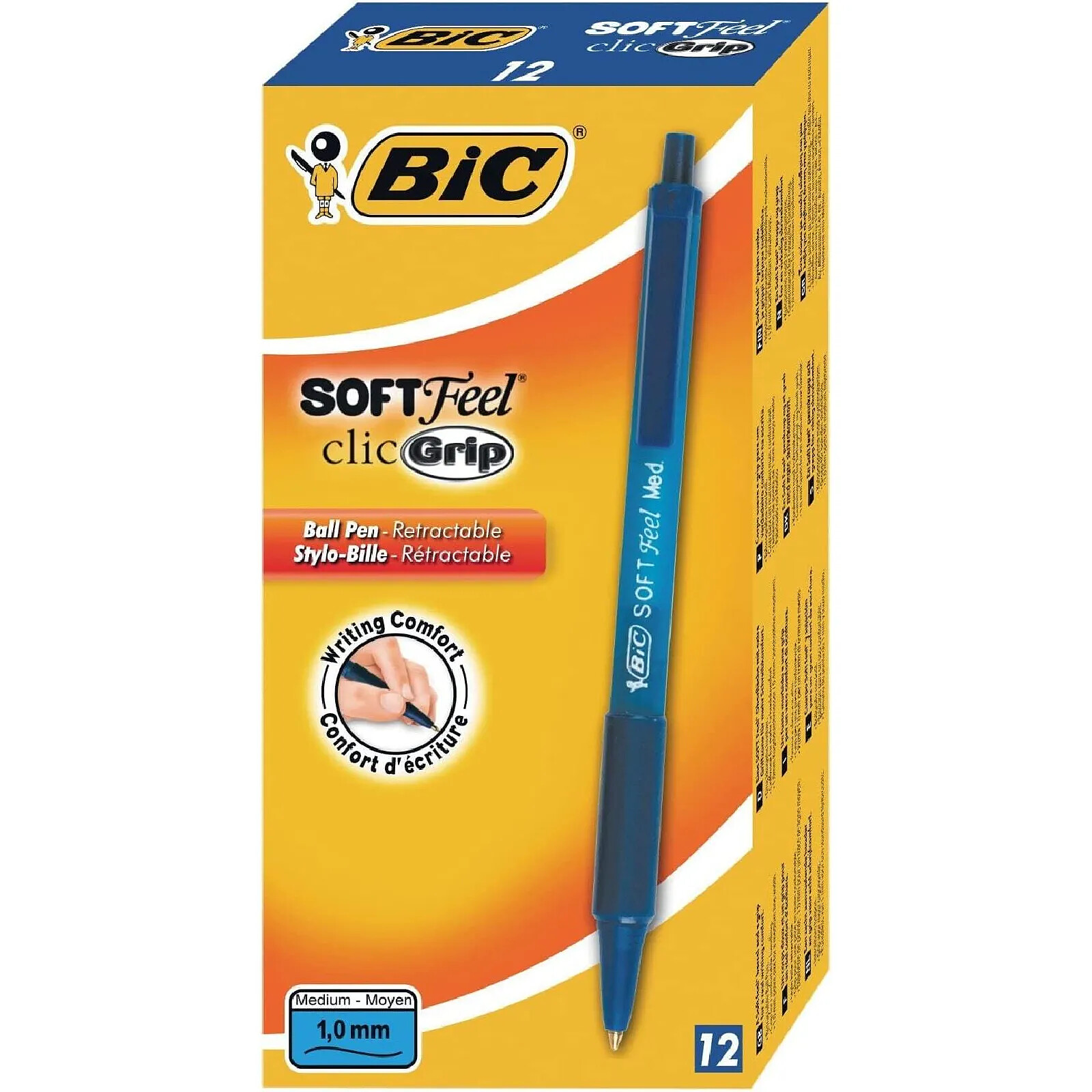 BIC Stylo à bille rétractable Soft Feel Clic grip, bleu x 12
