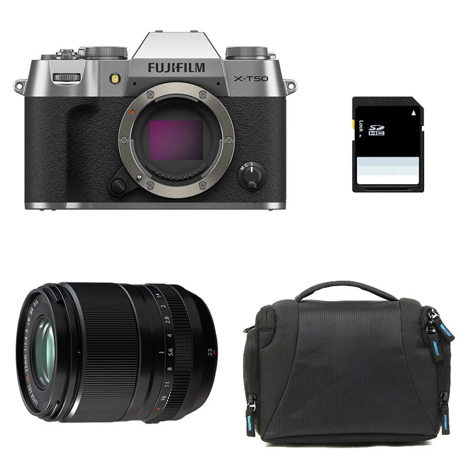 FUJIFILM X-T50 Silver + 23mm f/1.4 WR + Sac + Carte SD 8 Go