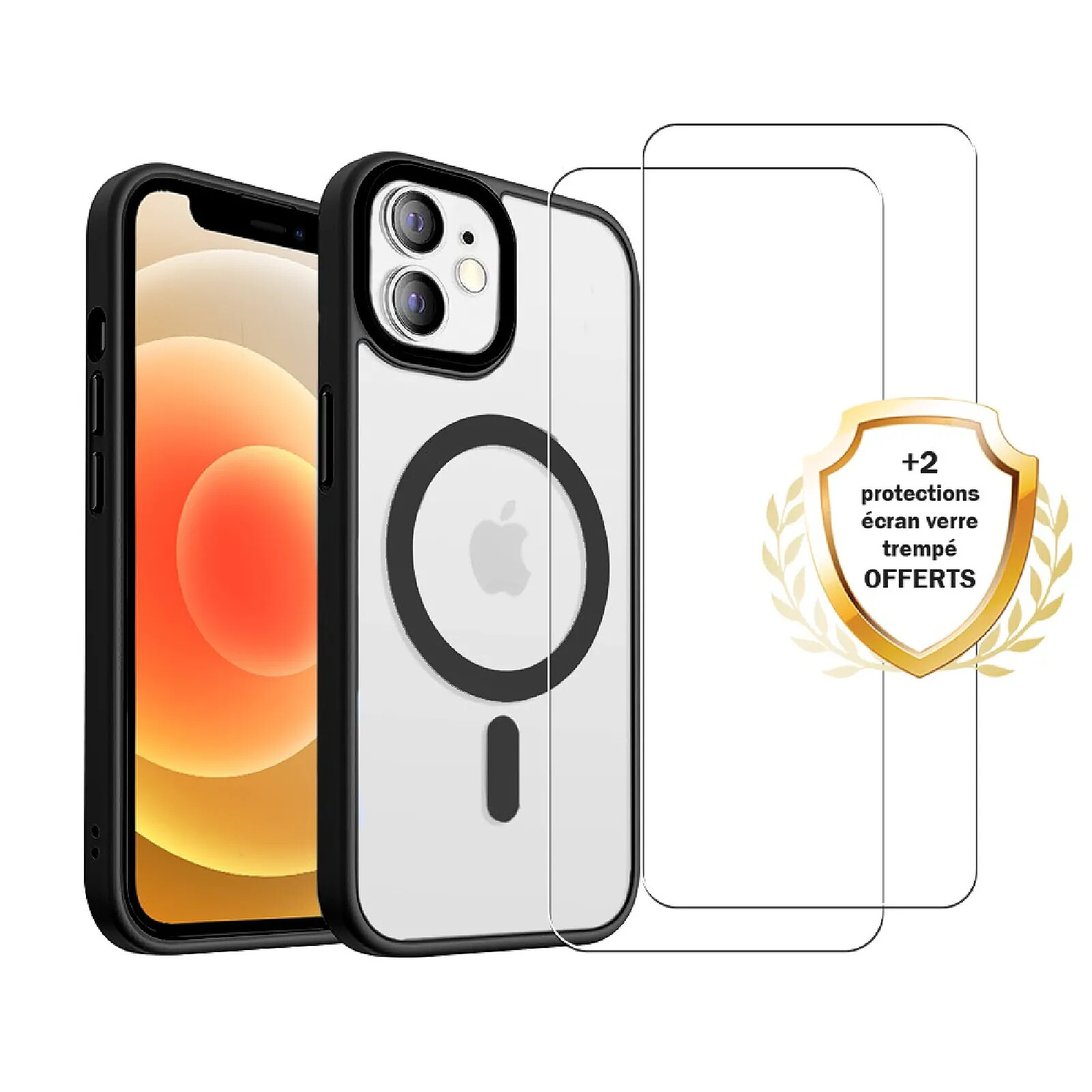 Evetane Coque iPhone 12 Mini Noire et transparente Motif fumée Compatible Magsafe + 2 Vitres Protection ecran