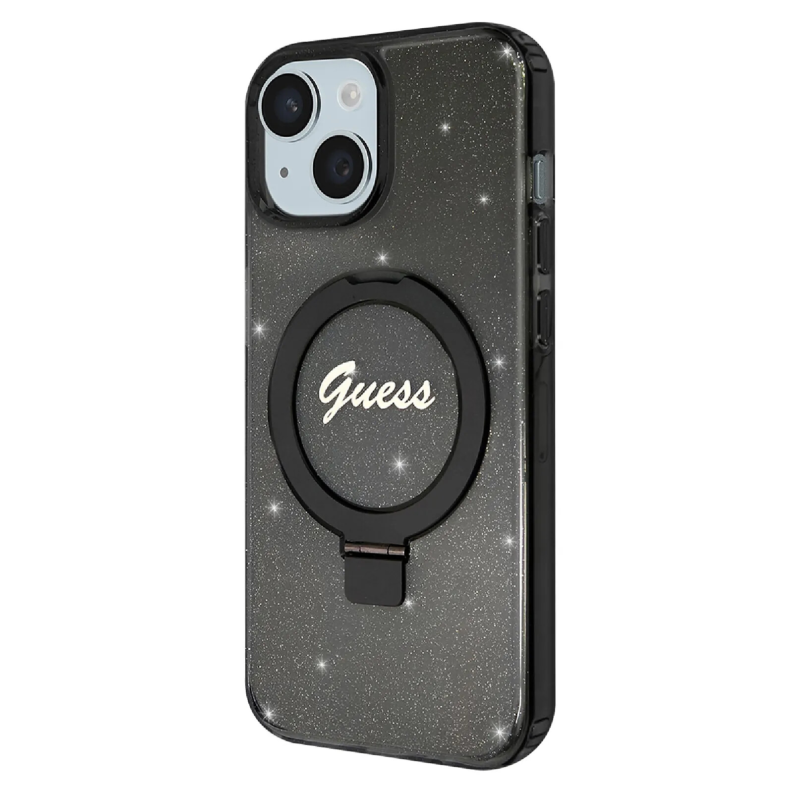 Guess Coque Magsafe pour Apple iPhone 15 TPU Ring Stand Noir