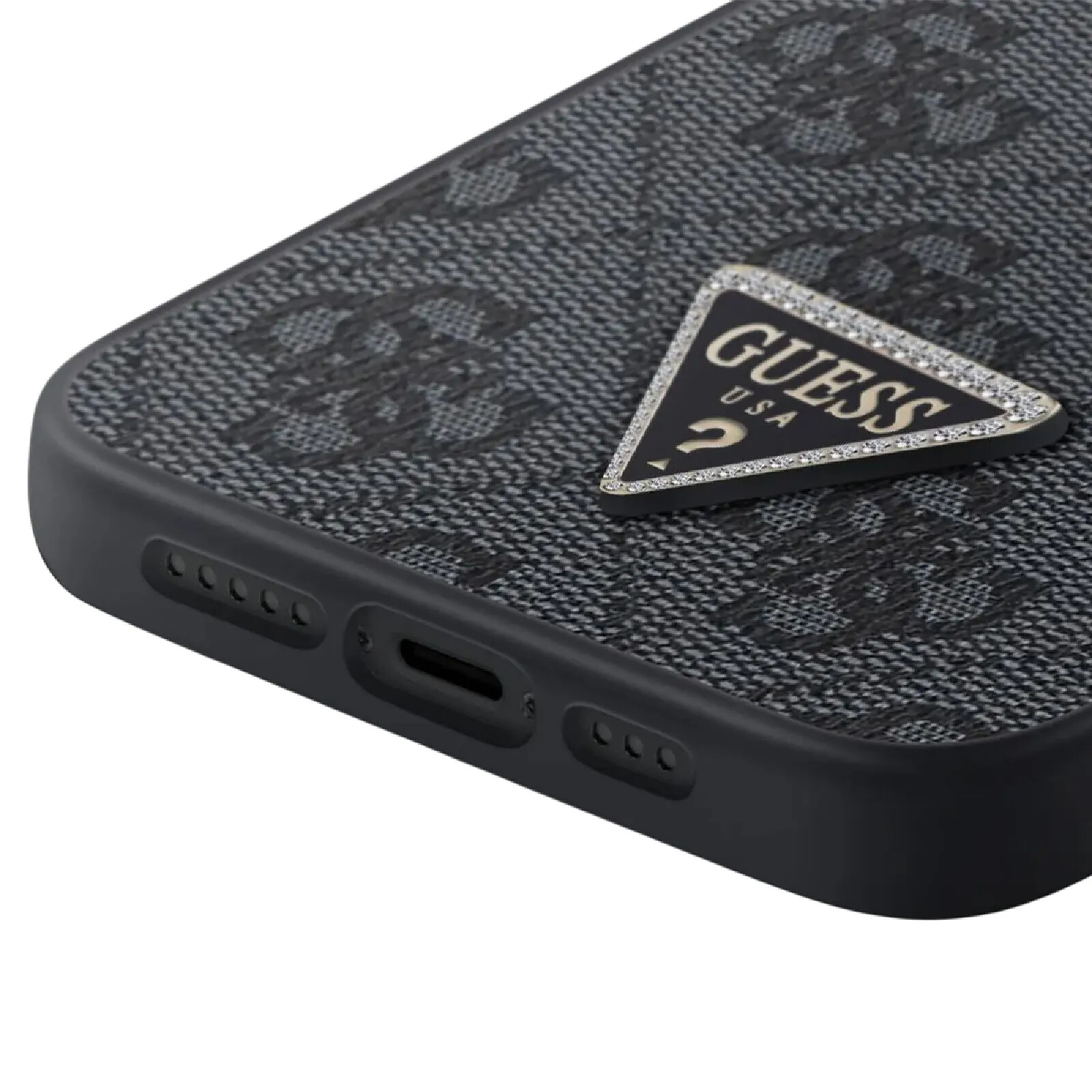 Coque Guess Pour IPhone 15 Pro – Perforée, Logo Métal Pailleté, Noir, Neuve