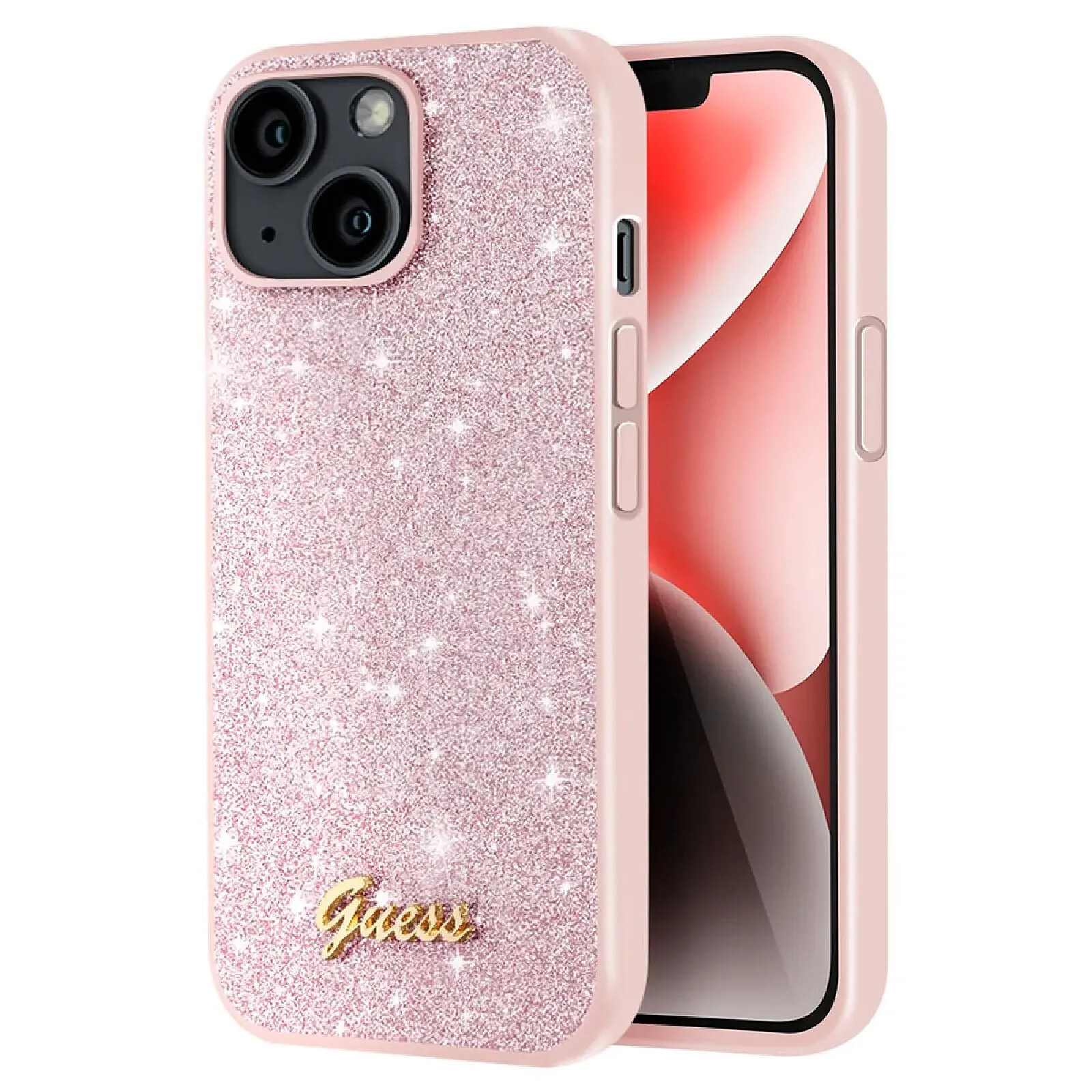 Guess Coque pour iPhone 15 Pro Paillettes avec Logo en Métal Rose