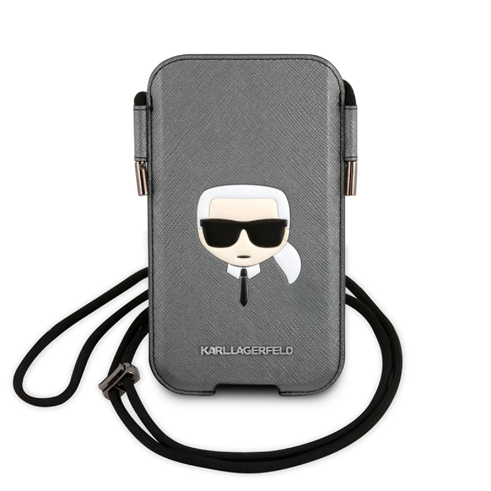 Karl Lagerfeld Pochette pour Smartphone 6.1 pouces à Cordon Saffiano Modèle Karl Head Gris