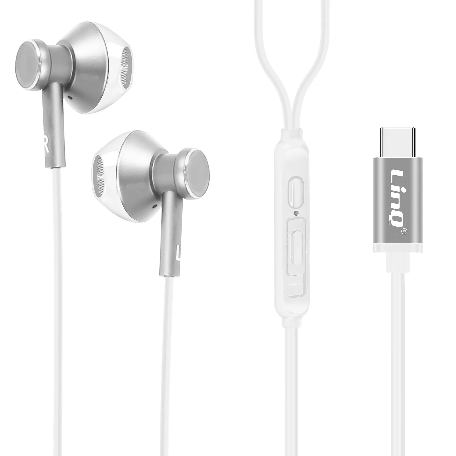 LinQ Écouteurs Filaires USB-C Son de Qualité Bouton Multifonction Argent