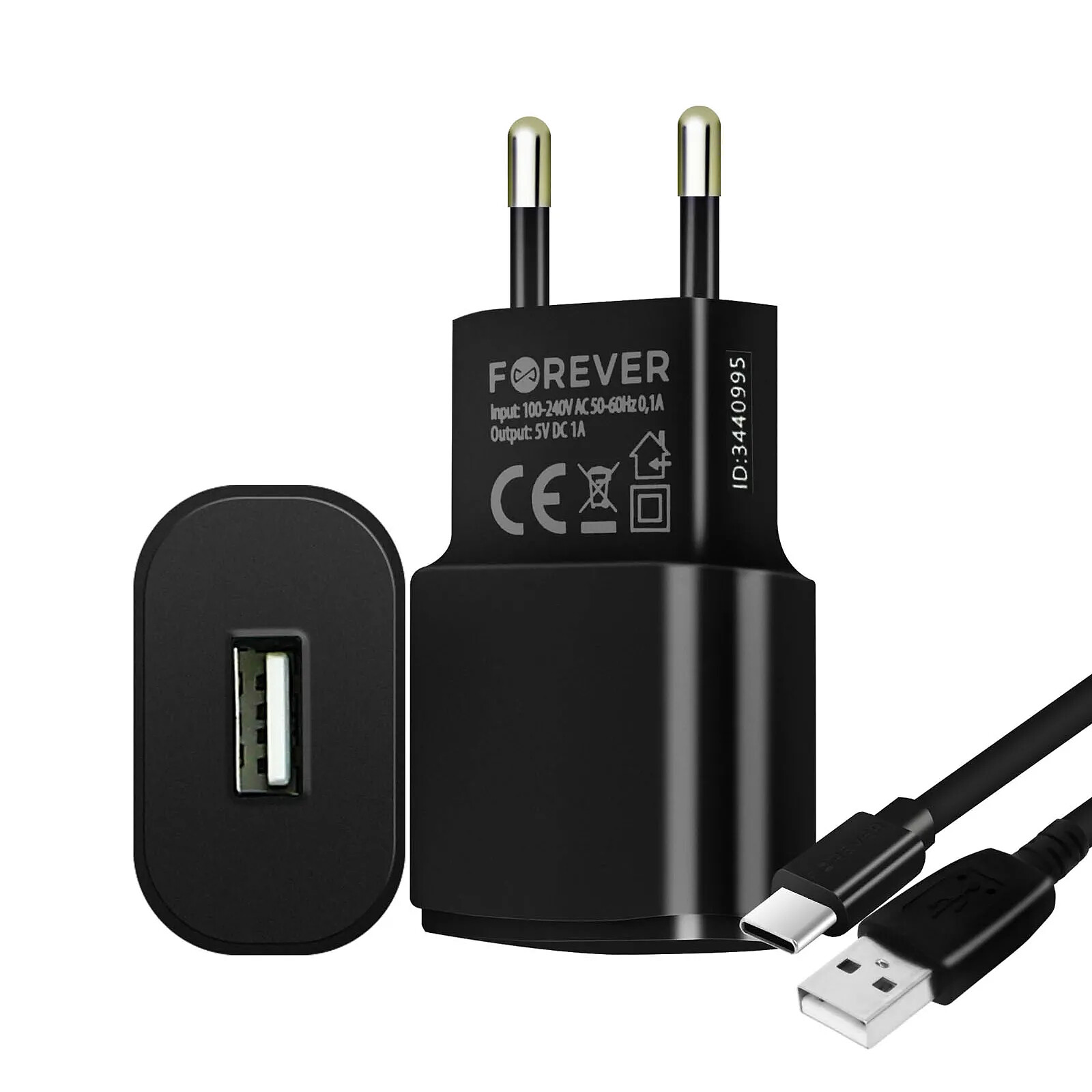 Forever Chargeur Secteur USB 1A Charge sécurisée Câble USB Type C 1.2m Noir