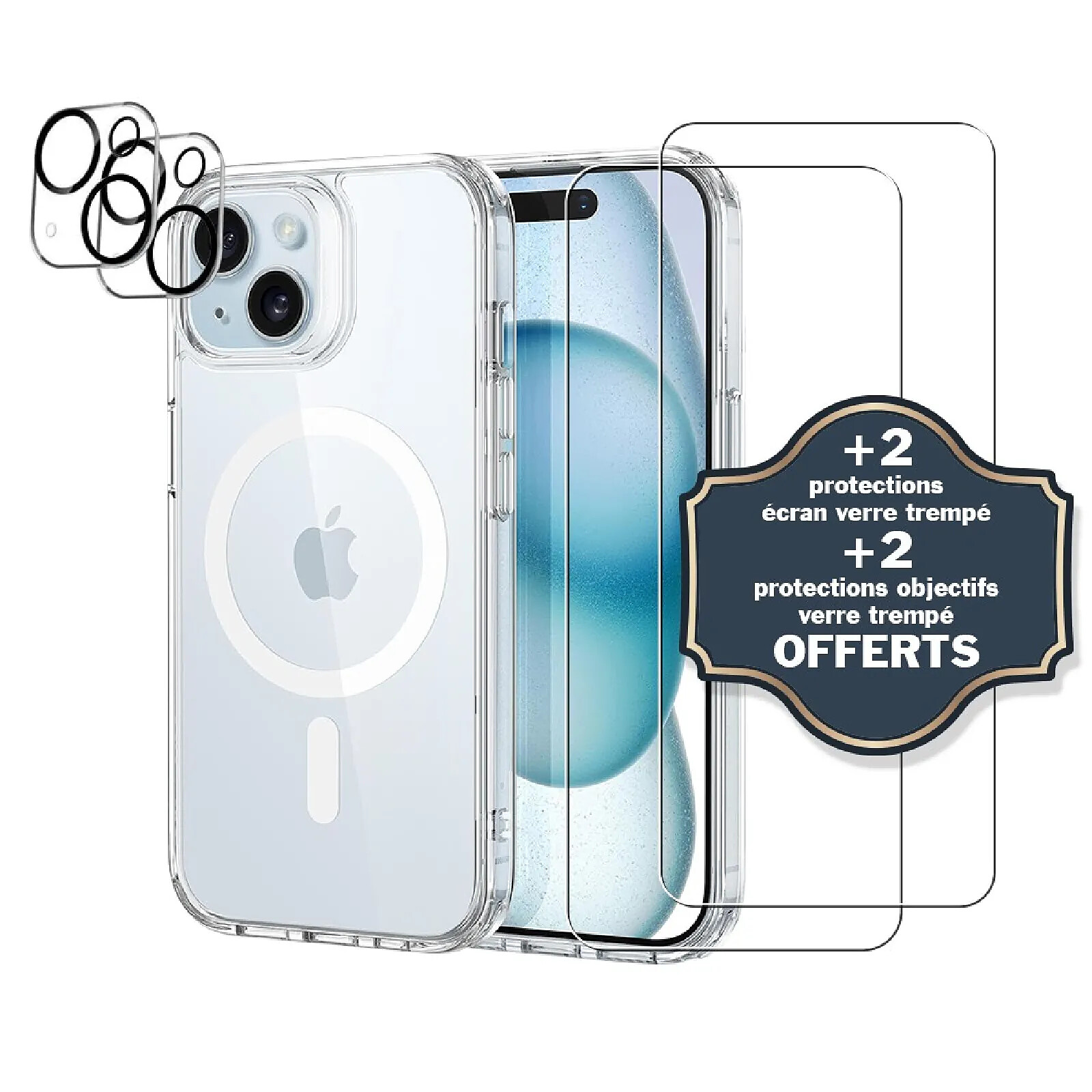 Evetane Coque iPhone 15 Antichoc compatible Magsafe + 2 Protections écran et 2 protections Objectif Caméra