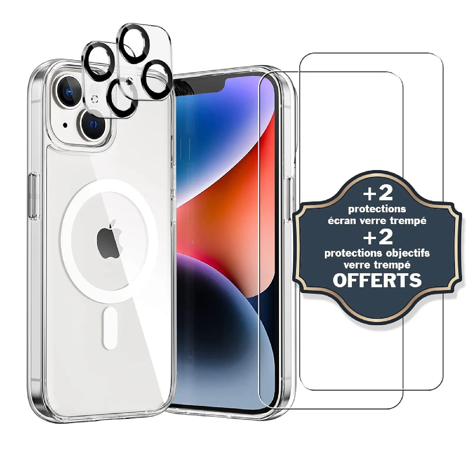 Evetane Coque iPhone 14 Plus Antichoc compatible Magsafe + 2 Protections écran et 2 protections Objectif Caméra