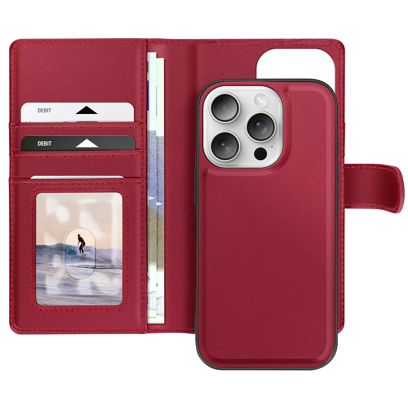 Étui Portefeuille Mayaxess Pour IPhone 16 Pro Max - Rouge Similicuir, Avec Dragonne - Neuf Sous Blister