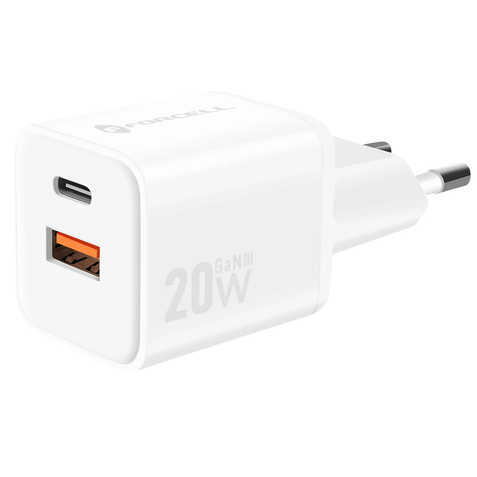 Forcell Chargeur Secteur GaN III 20W avec Ports USB-C + USB Format Mini Blanc