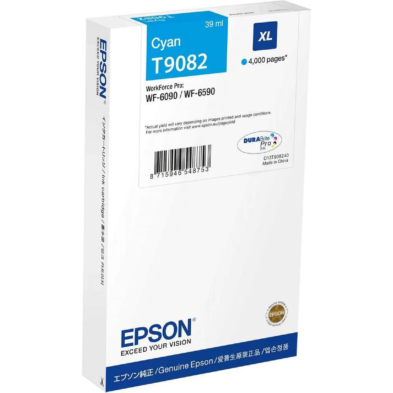 EPSON Cartouche Jet d'encre N°T9082 Cyan EPSON - Grande capacité(39 ml) - Capacité 4000 pages