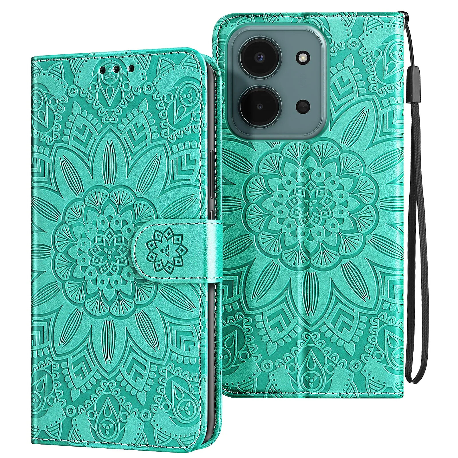Étui Portefeuille pour Redmi 15C Motif Mandala avec Porte-cartes Turquoise
