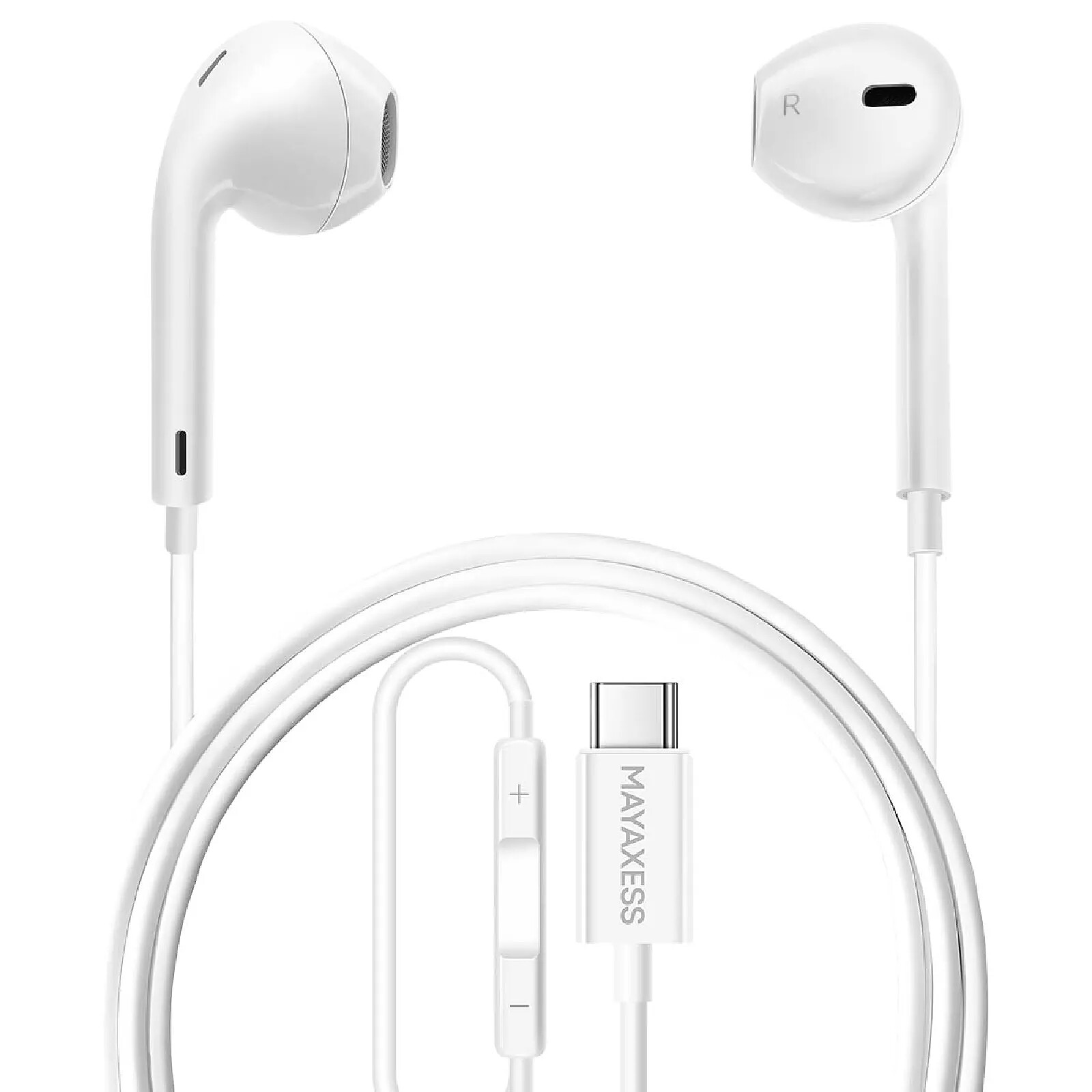Mayaxess Écouteurs Filaires pour Galaxy S25 FE USB-C avec Micro intégré Blanc