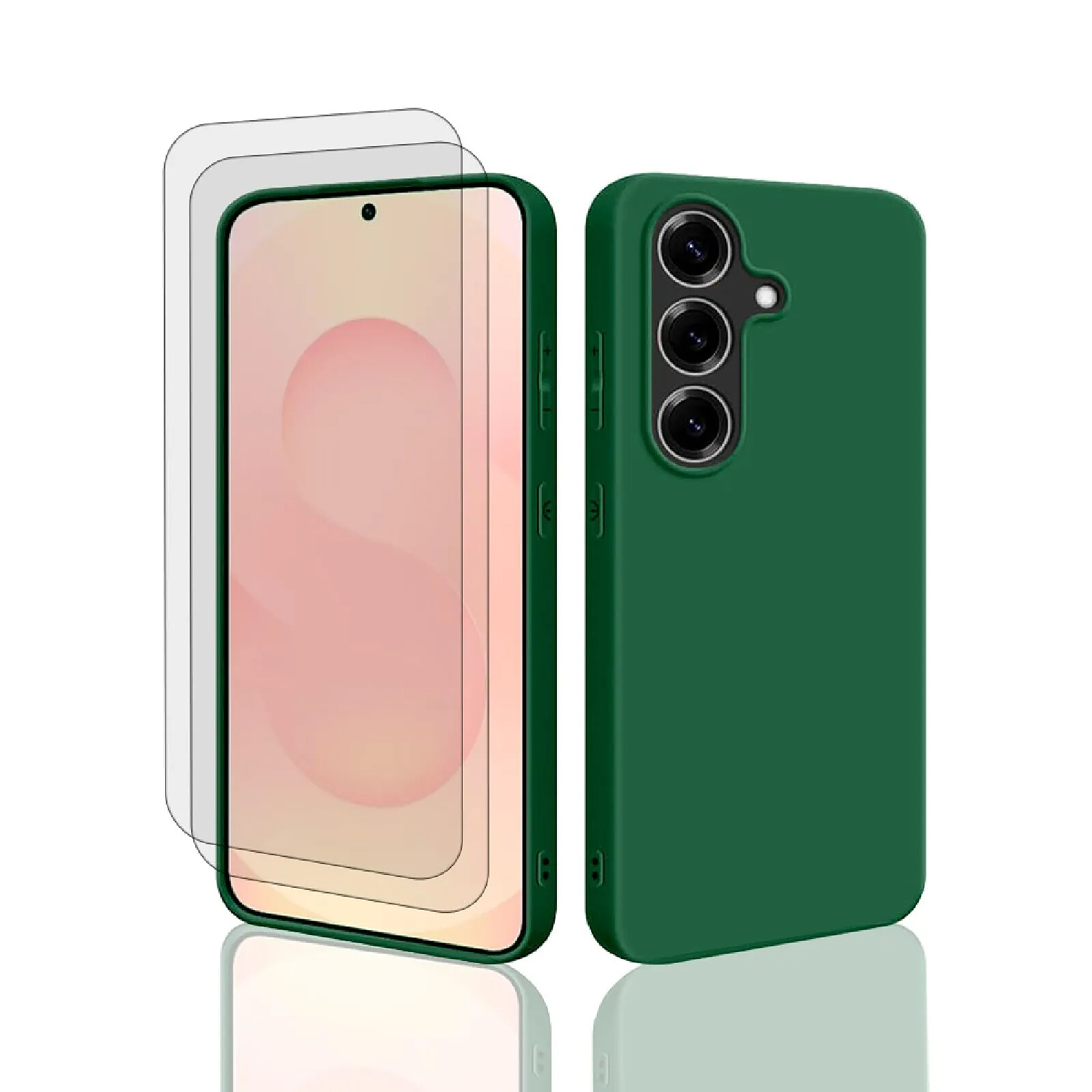 Evetane Coque Galaxy S25 Silicone liquide Vert Foret + 2 Vitres en Verre trempé Protection écran Antichocs
