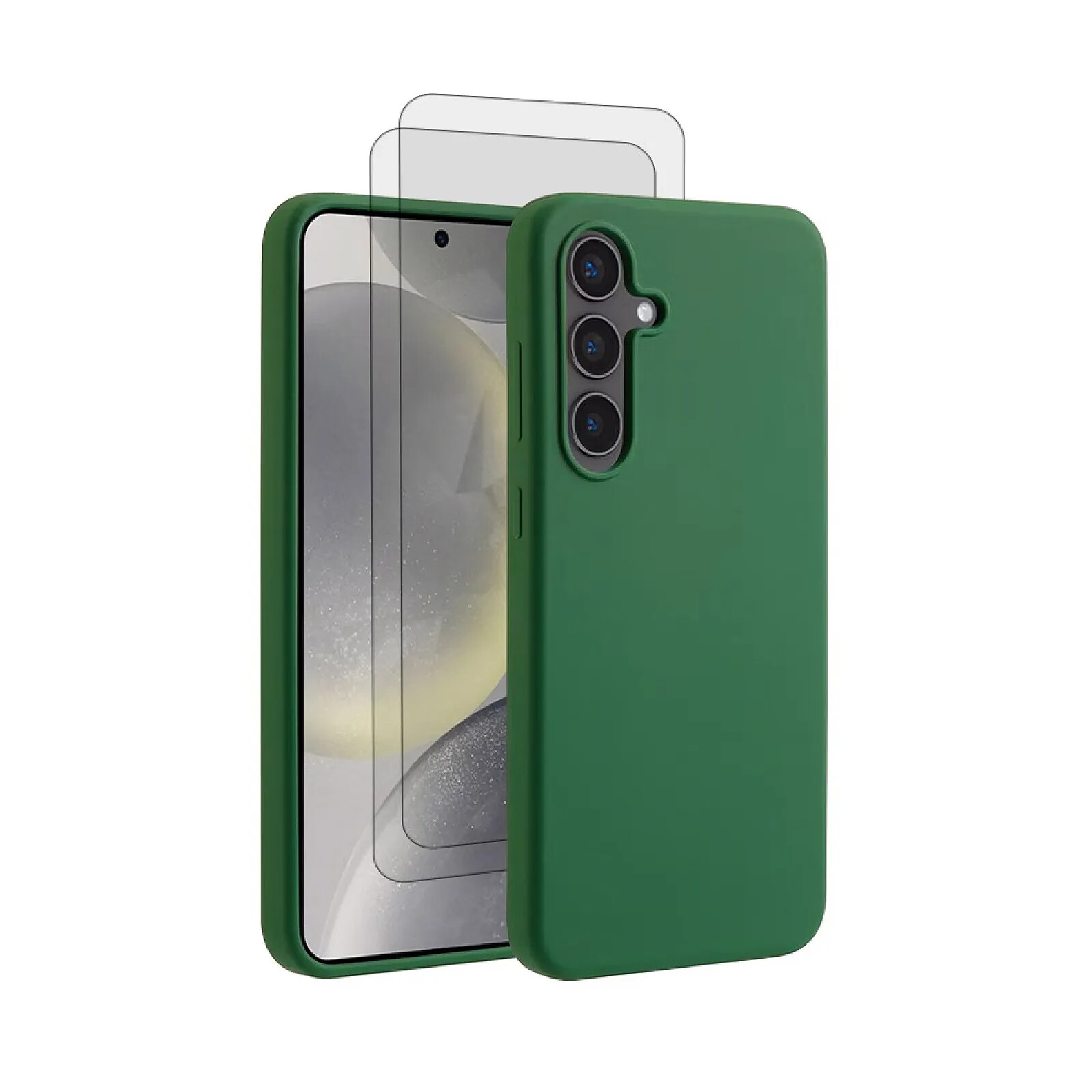Evetane Coque Galaxy S24 Silicone liquide Vert Foret + 2 Vitres en Verre trempé Protection écran Antichocs