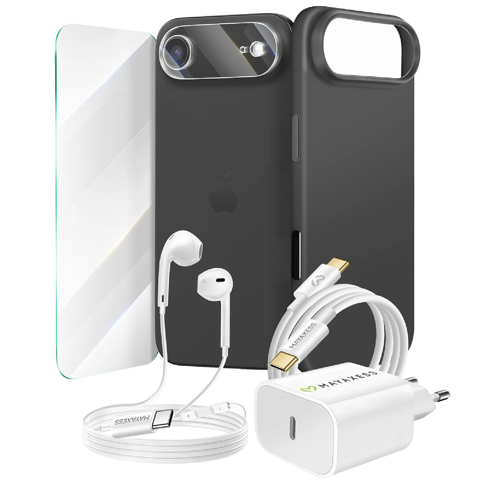 Mayaxess Pack Essentiel pour iPhone 17 Air Coque, Verre, Chargeurs, écouteurs (6 pièces) Noir