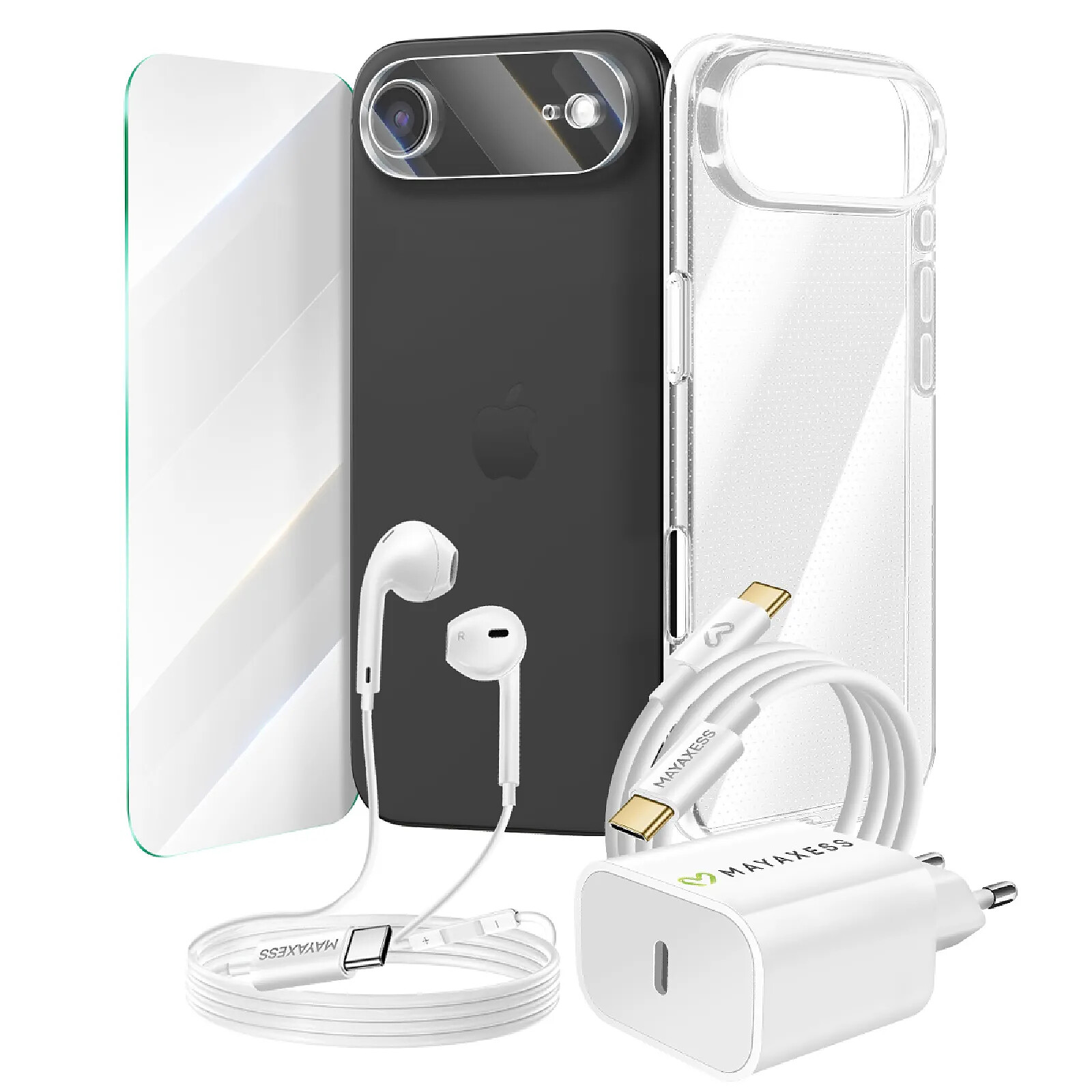 Mayaxess Pack Essentiel pour iPhone 17 Air Coque, Verre, Chargeurs, écouteurs (6 pièces) Transparent