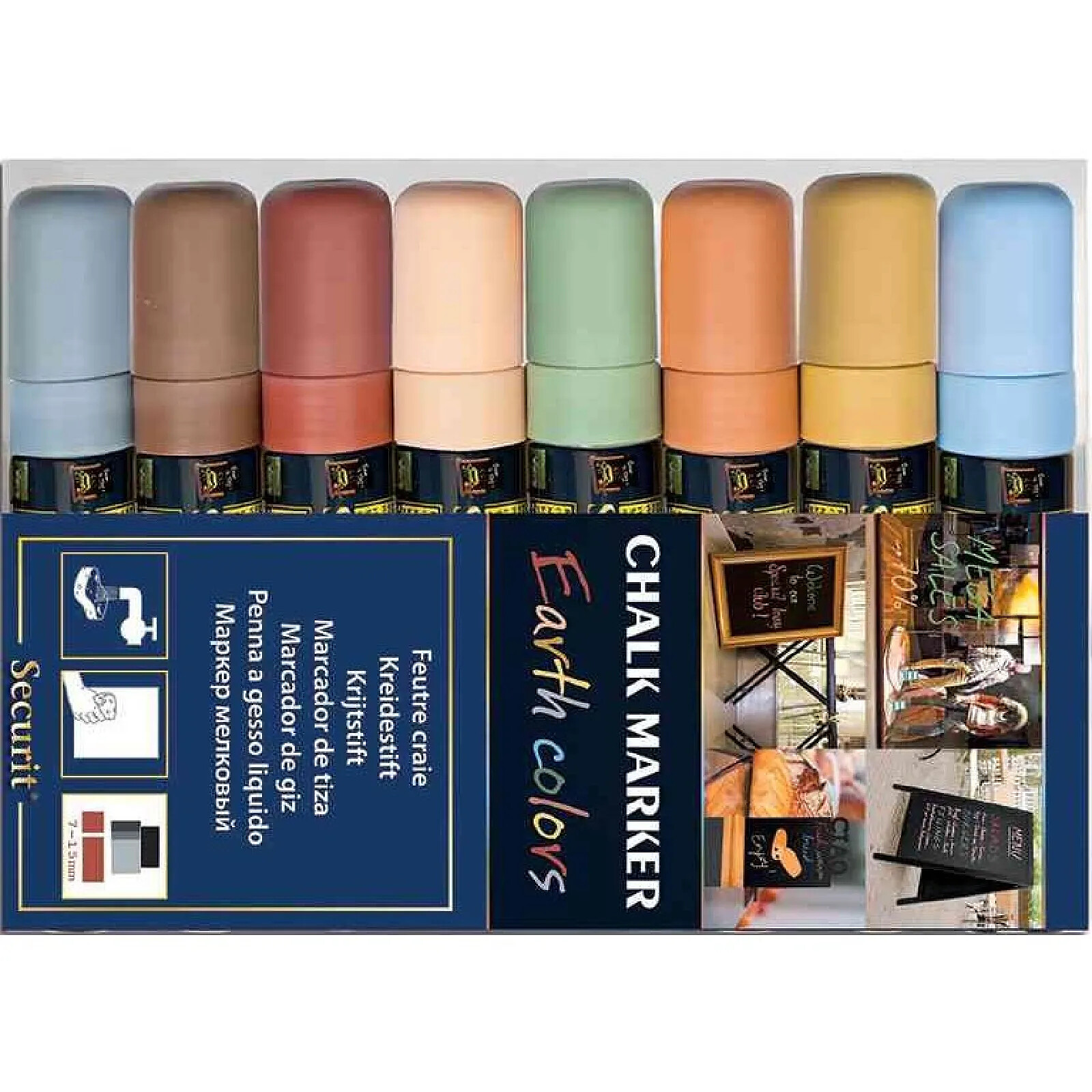 Marqueurs craie waterproof Securit (verre+ ardoise) pointe 7-15mm rouge, vert, jaune, bleu (lot de 4) main image 1