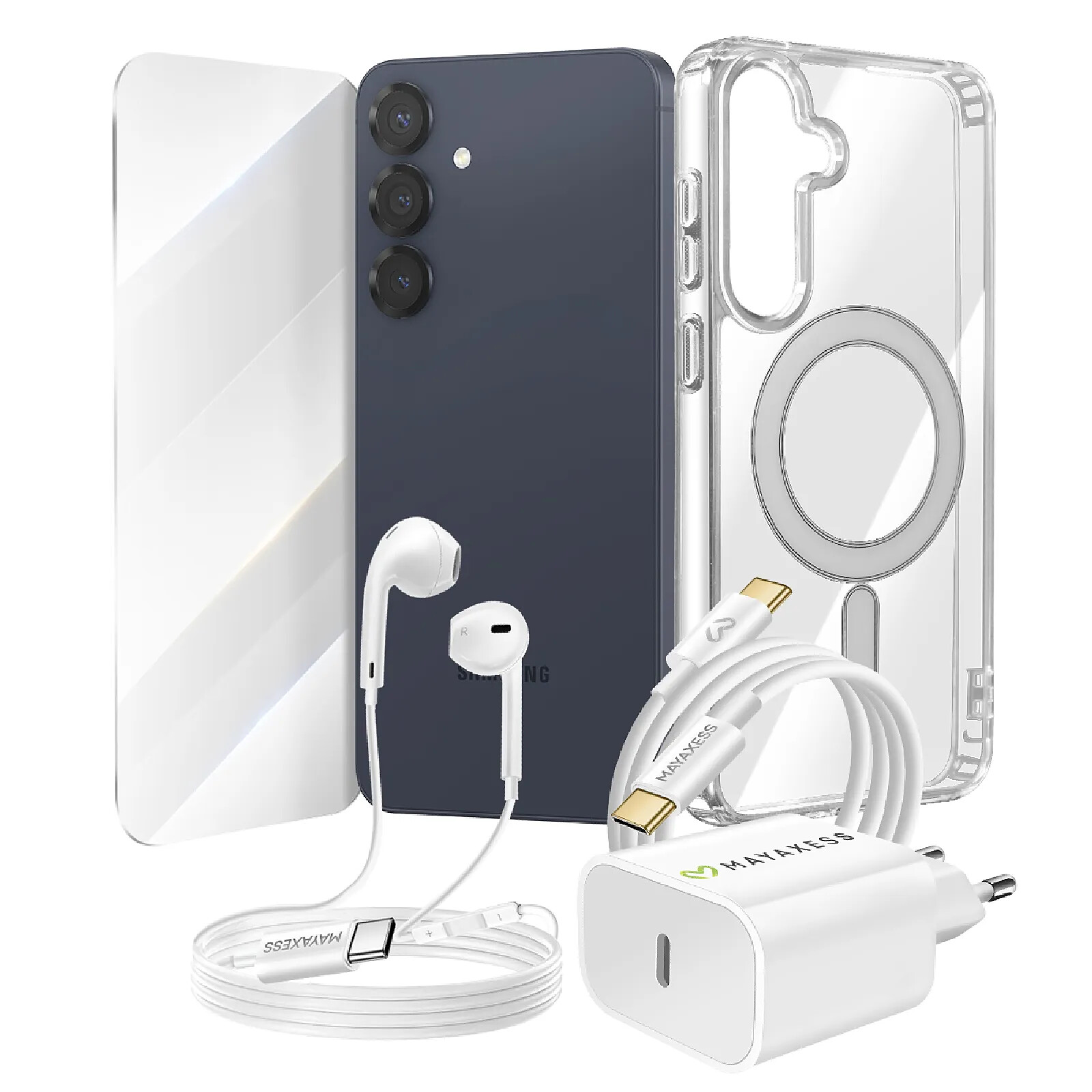 Mayaxess Pack Essentiel pour Galaxy S25 Plus Coque, Verre, Chargeur, Écouteurs (5 pièces) Transparent