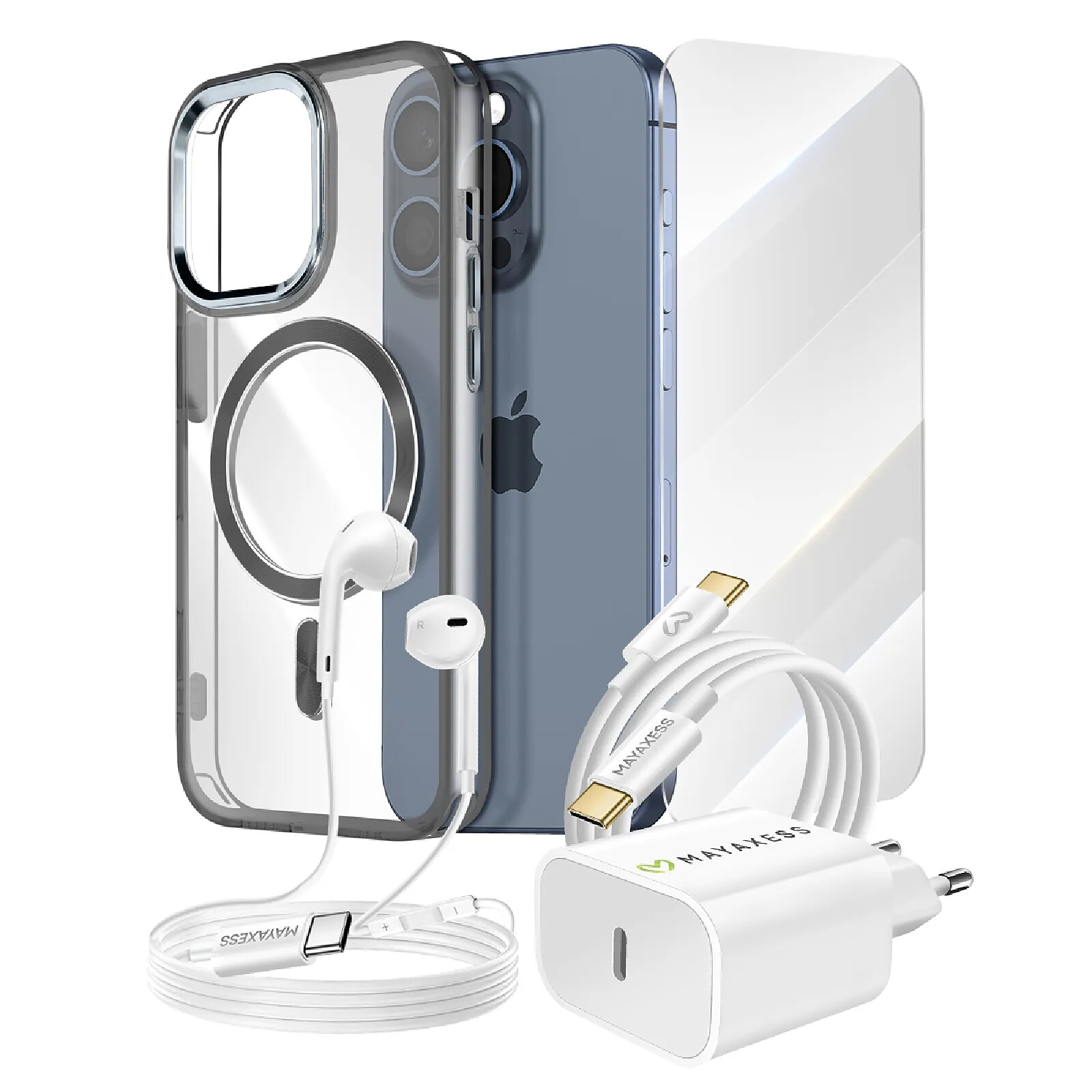 Mayaxess Pack Essentiel pour iPhone 15 Pro Coque, Verre, Chargeur, Écouteurs (5 pièces) Noir