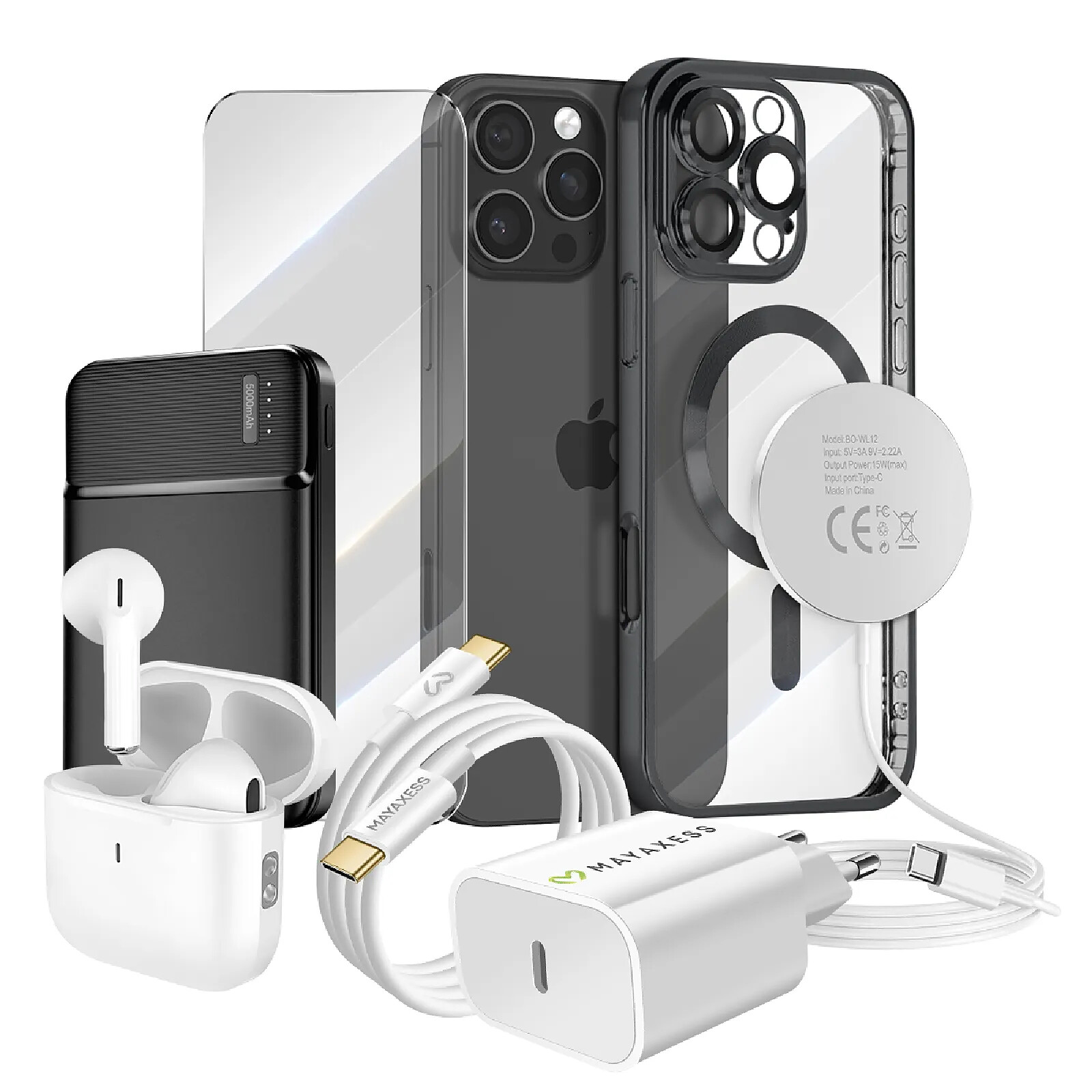 Mayaxess Pack Elite pour iPhone 16 Pro Max Coque, Verre, Chargeur, Batterie Externe, Magsafe, Écouteurs Bluetooth (7 pièces) Noir - Accessoires divers smartphone