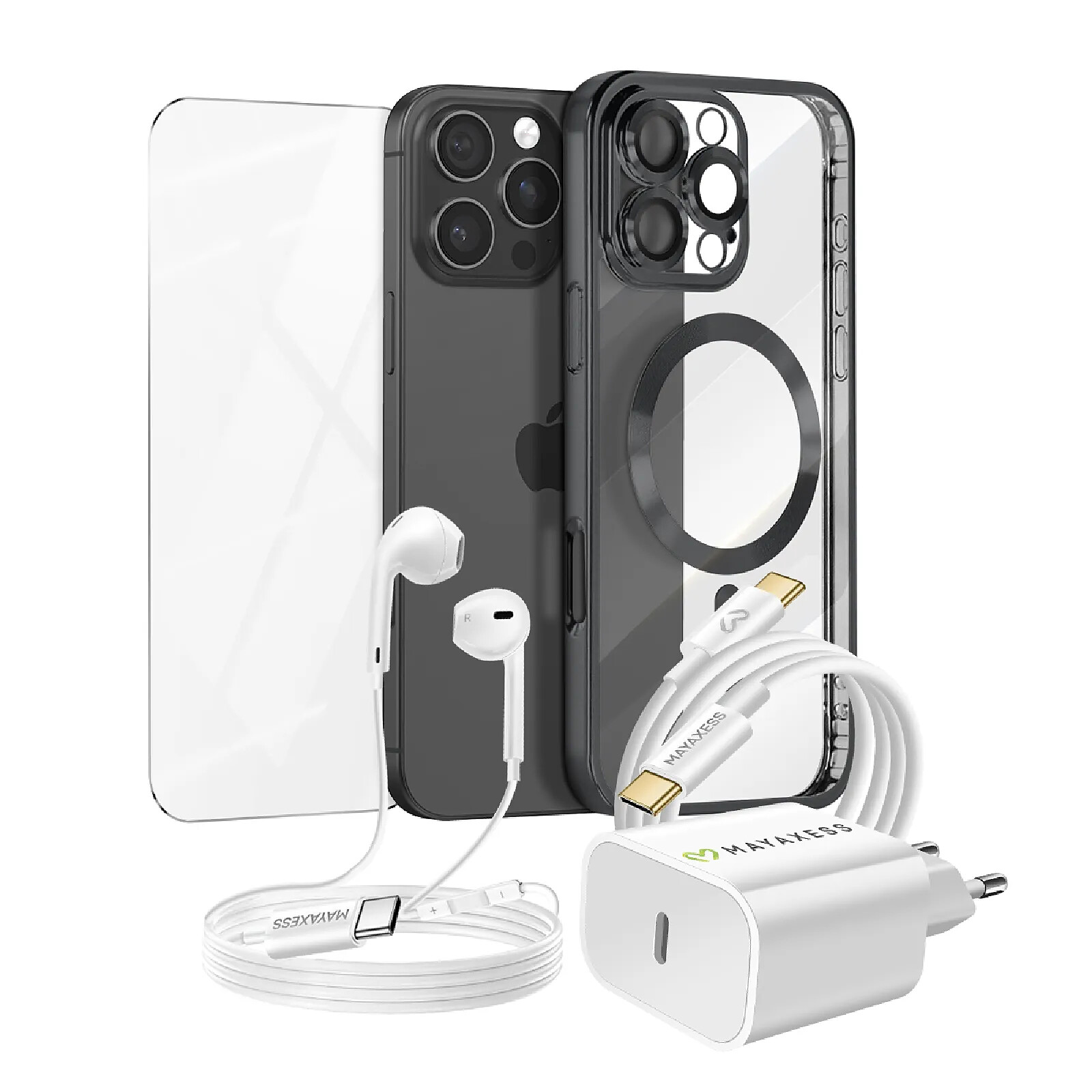 Mayaxess Pack Essentiel pour iPhone 16 Pro Max Coque, Verre, Chargeur, Écouteurs (5 pièces) Noir
