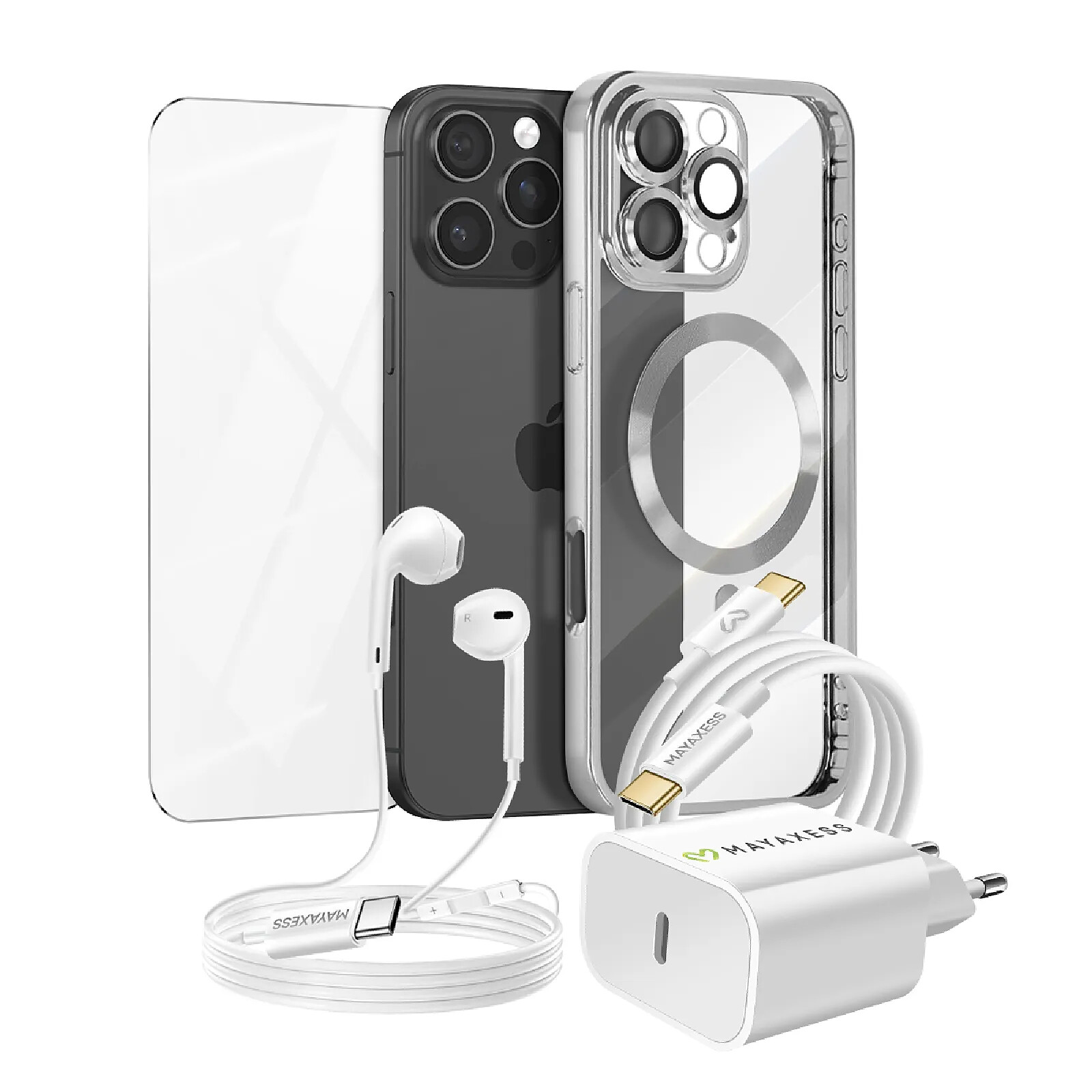 Mayaxess Pack Essentiel pour iPhone 16 Pro Max Coque, Verre, Chargeur, Écouteurs (5 pièces) Argent