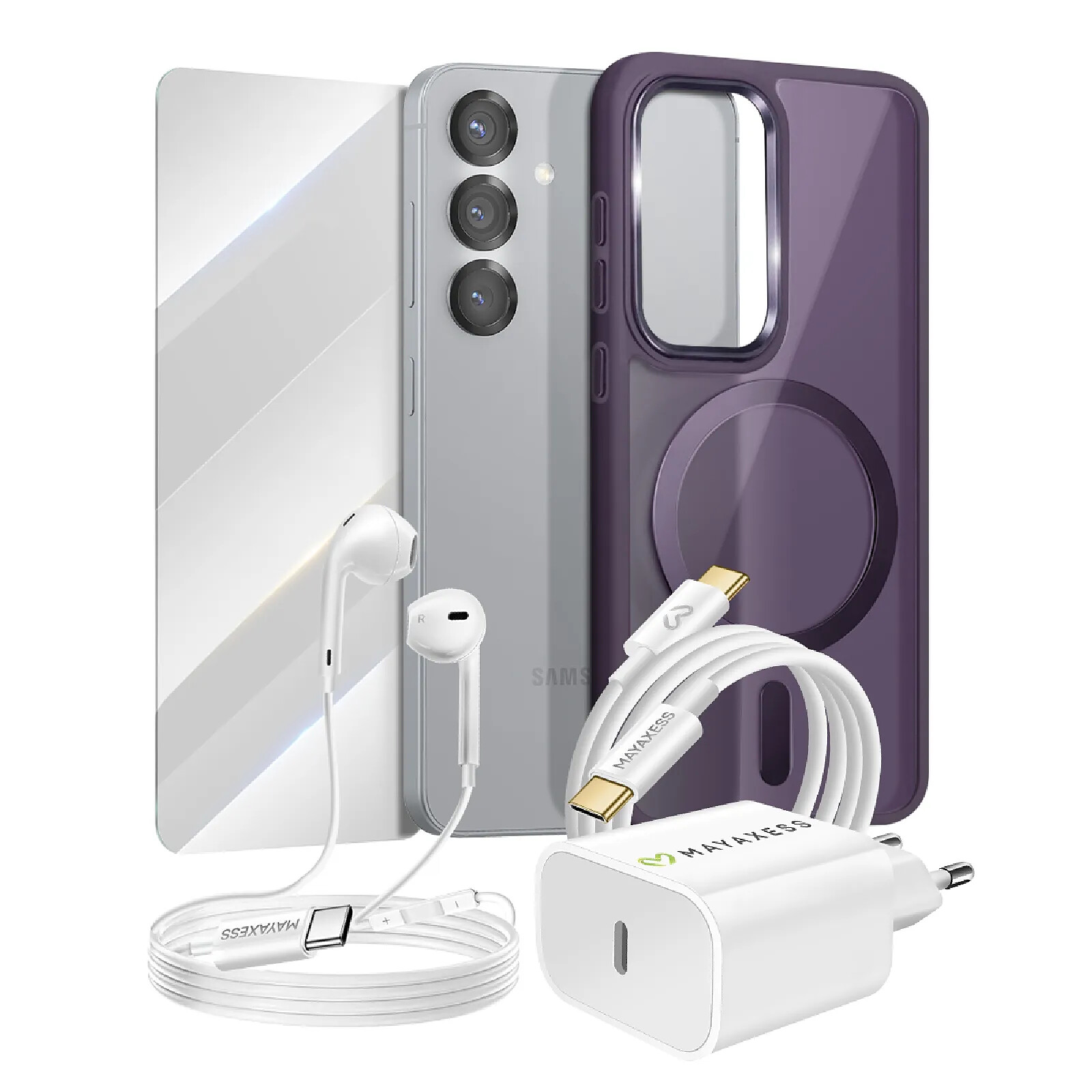 Mayaxess Pack Essentiel pour Galaxy S25 Coque, Verre, Chargeur, Écouteurs (5 pièces) Violet
