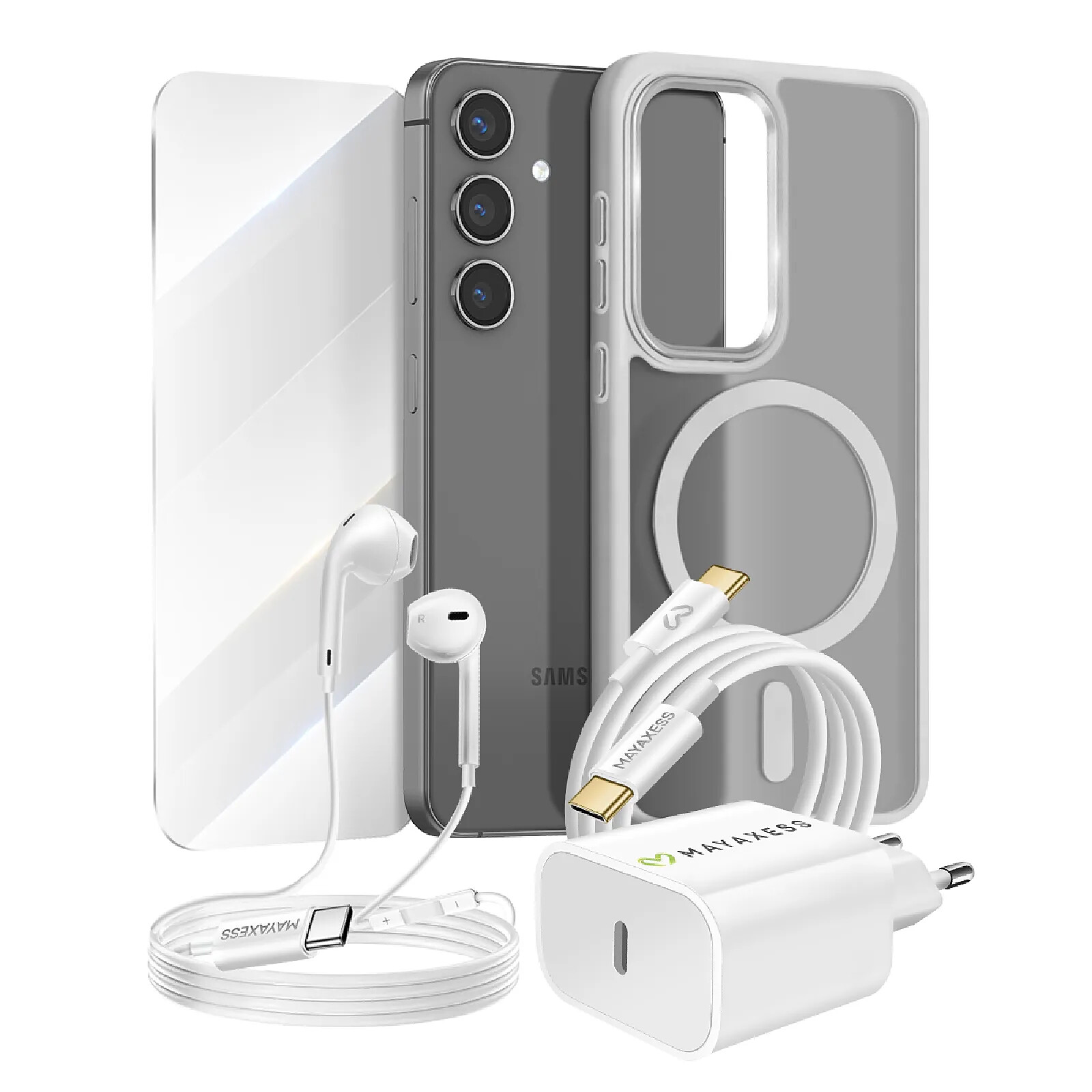 Mayaxess Pack Essentiel pour Galaxy S24 Coque, Verre, Chargeur, Écouteurs (5 pièces) Gris