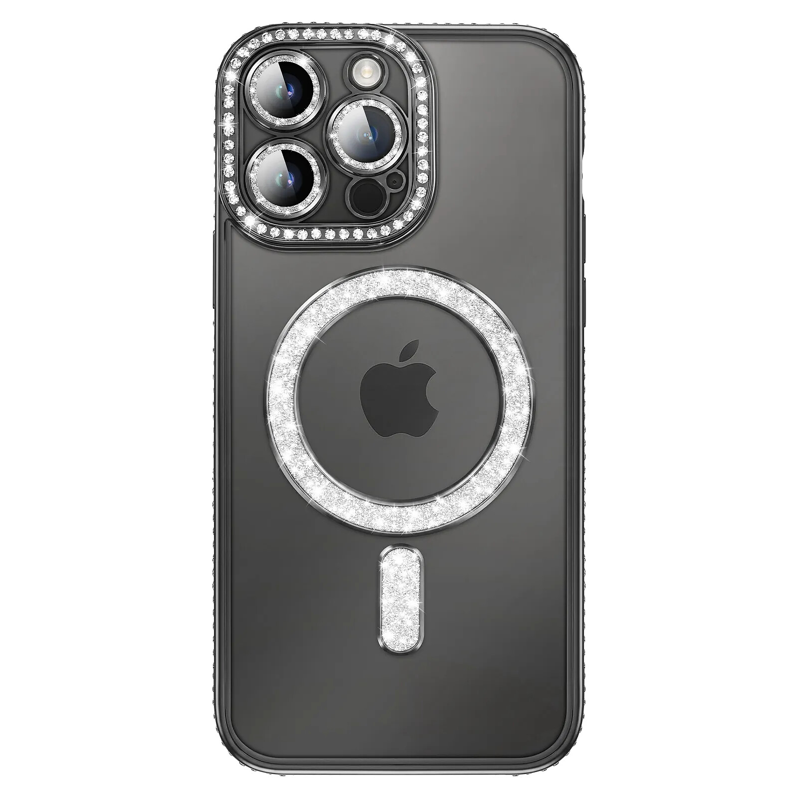 Coque pour iPhone 14 Pro Max Compatible MagSafe avec Contour à Strass Noir